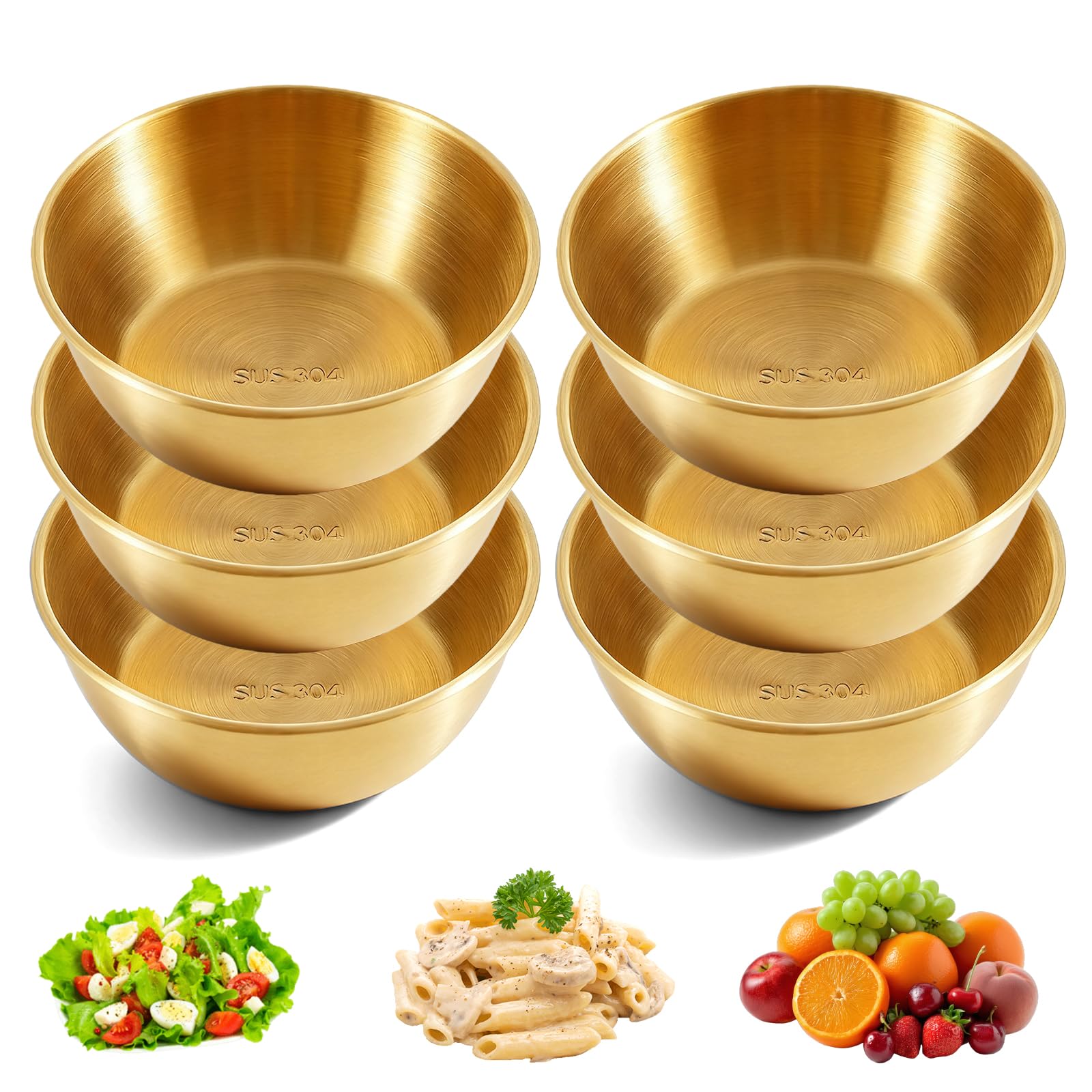 Set di 6 ciotole in acciaio inox, Ø 17 cm, in acciaio inox dorato, capacità ciotole per insalata, ciotola rotonda per insalata, ciotola per insalata, ciotola per snack, ciotola per insalata, ciotola