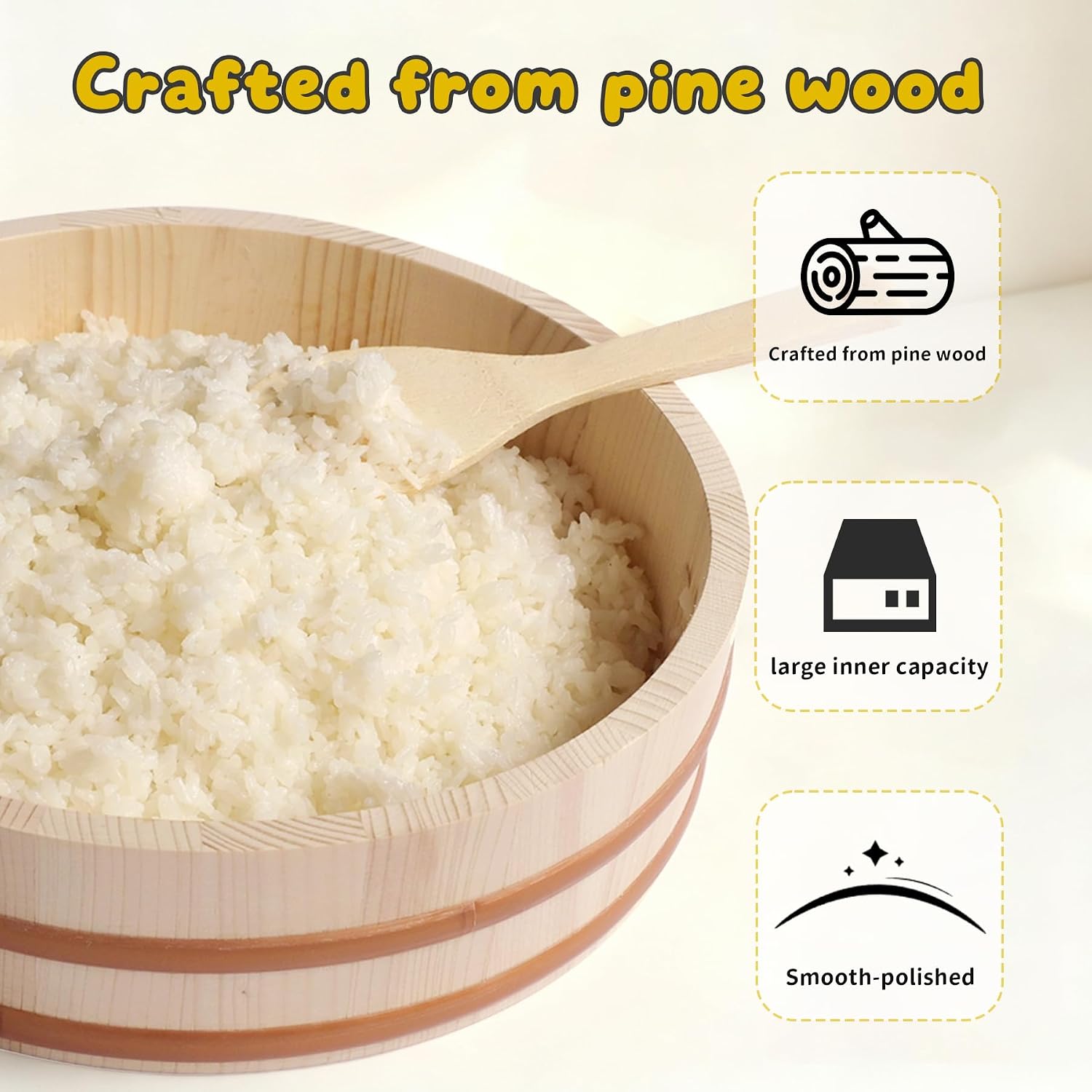 Lidded Wooden Sushi Rice Bowl Hangiri Sushi Rice Mixing Tub with Scoop (10.6")