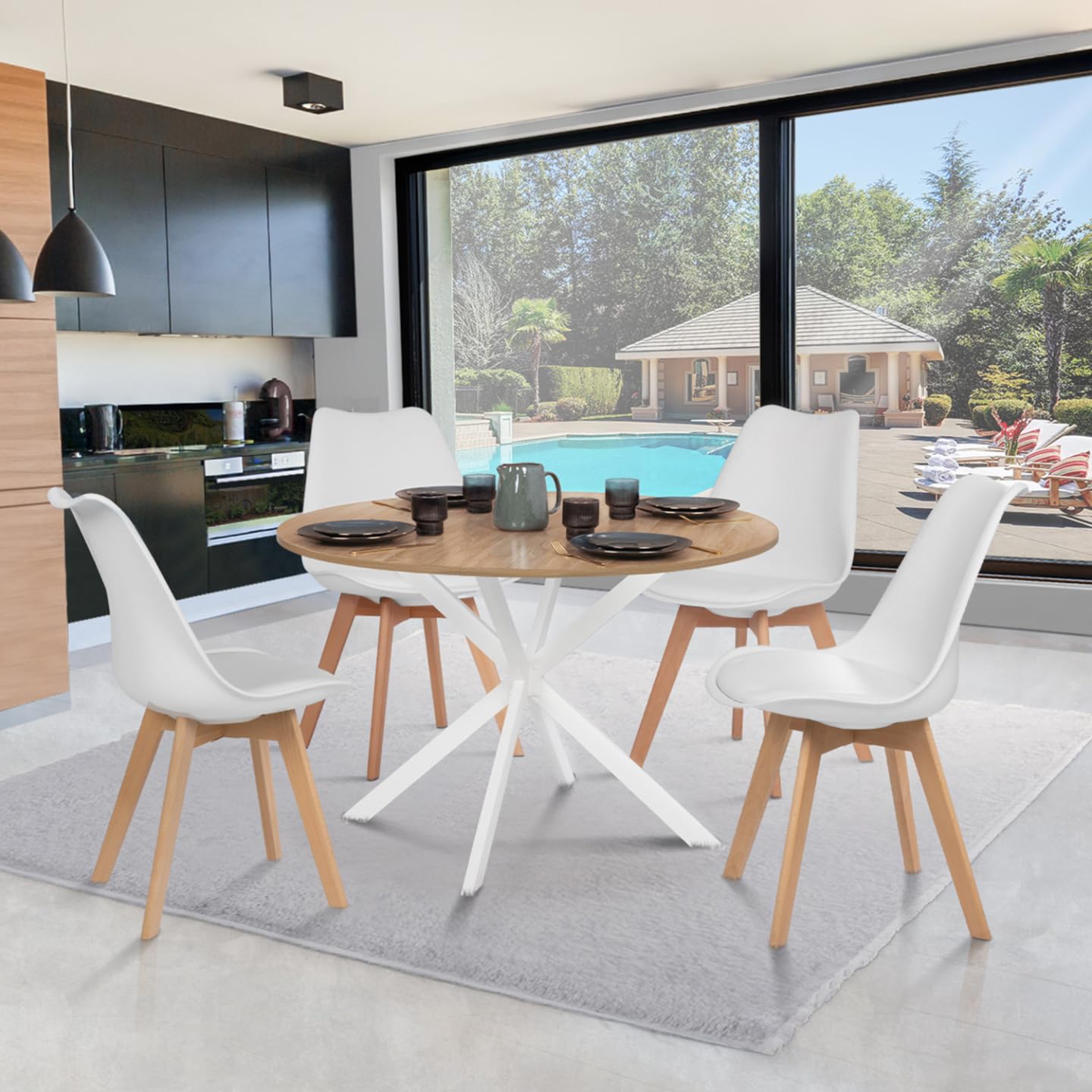 IDMarket - Table à Manger Ronde Alix 6 Personnes Pied araignée Bois et Blanc 110 cm