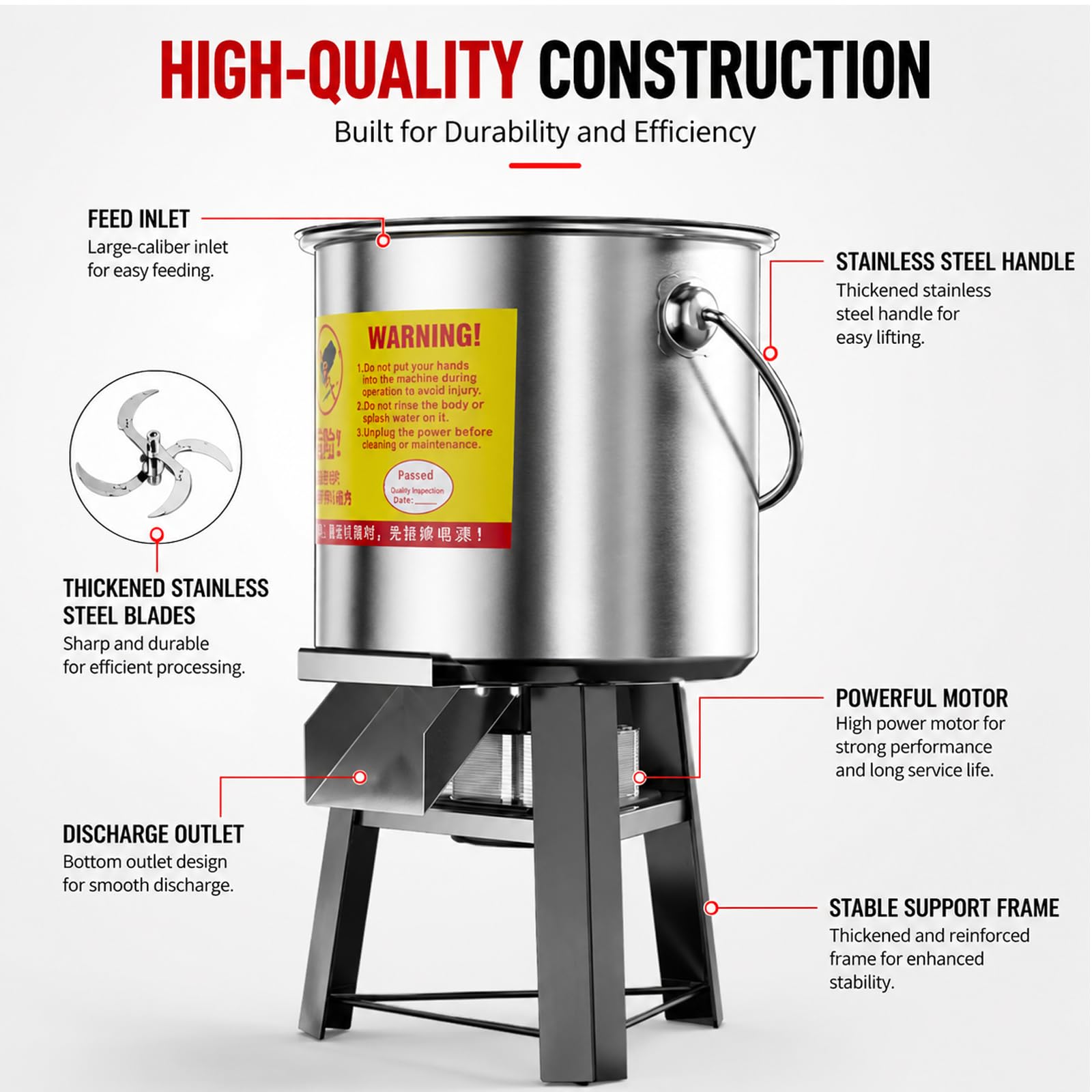 Procesador De Alimentos Comercial, Multifuncional De Acero Inoxidable, Trituradora De Alimentos De 2600 Lb/h Para Pollo, Pato, Ganado Vacuno Y Ovino; Uso Agrícola Y Doméstico. 1500W