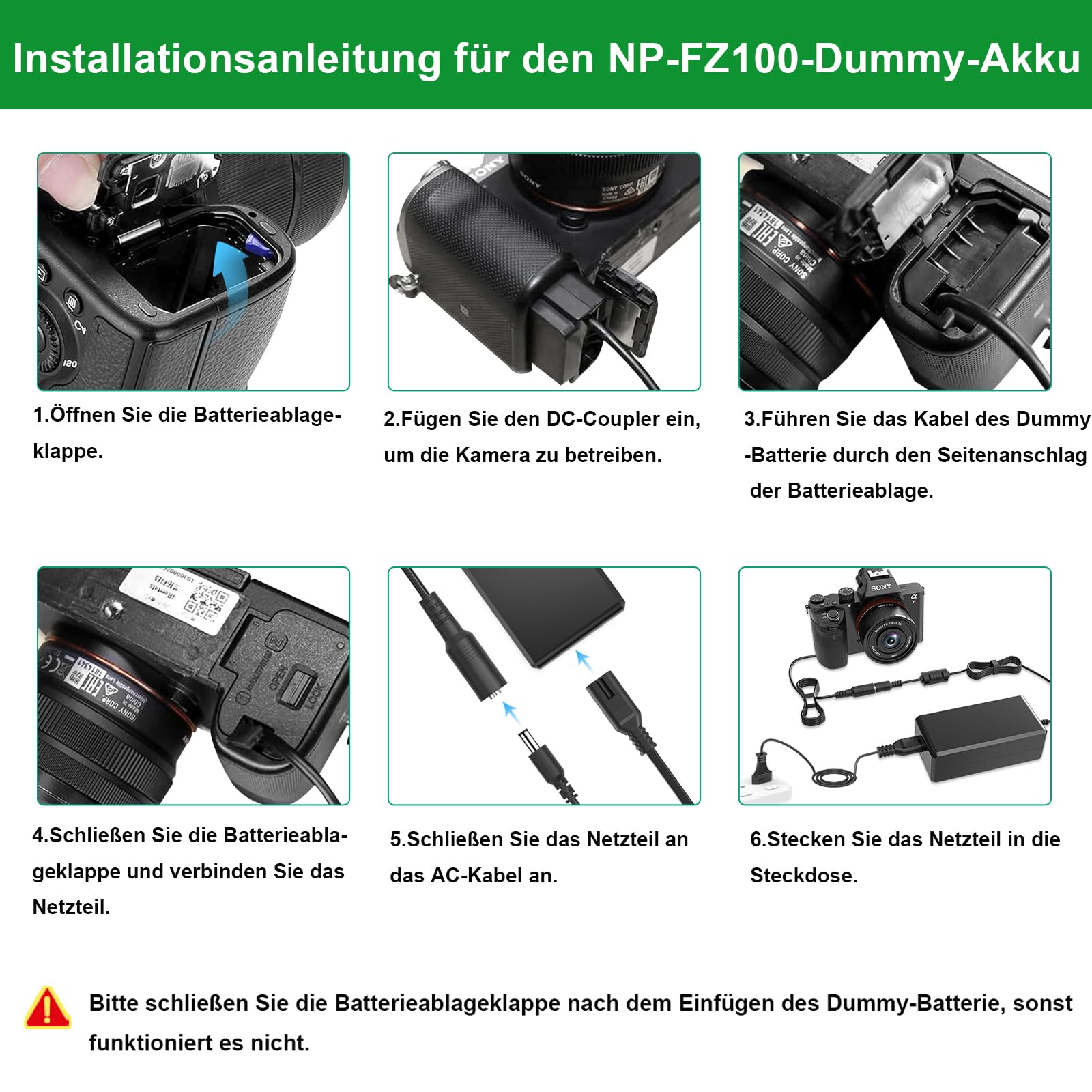 NP-FZ100 A7III A7IV Dummy Akku Adapter Kit für Sony A7 III, A7 IV, A7S III, A7R III, A7R IV, A7R V, A7C, A1, A9, A9 II, A6600, A6700, FX3, FX30, ZV-E10 ii, ZV-E1 Kameras