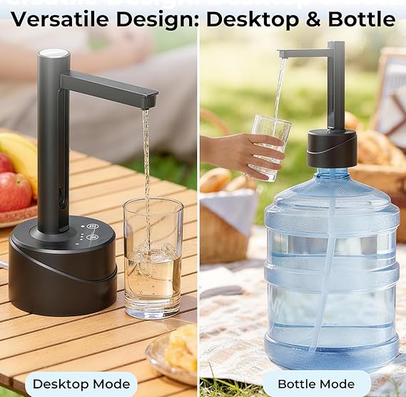 Latedaux 5 Gallon Dual-use Desktop Electric Water Bottle Dispenser, USB Type-C Charging Automatic Countertop Drinking Water Bottle Pump for 2-5 Gallon, Smart Water Jug Dispenser for Camping(Black)