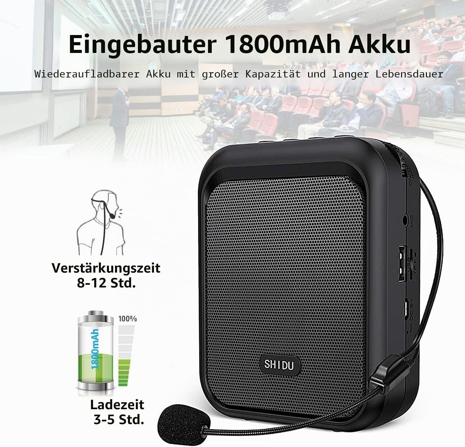 SHIDU Sprachverstärker Tragbarer wiederaufladbarer Bluetooth-Lautsprecher mit kabelgebundenem Mikrofon-Headset 10W 1800mAh PA-System Unterstützt Audio im MP3-Format für Lehrer, Taxifahrer, Reiseleiter