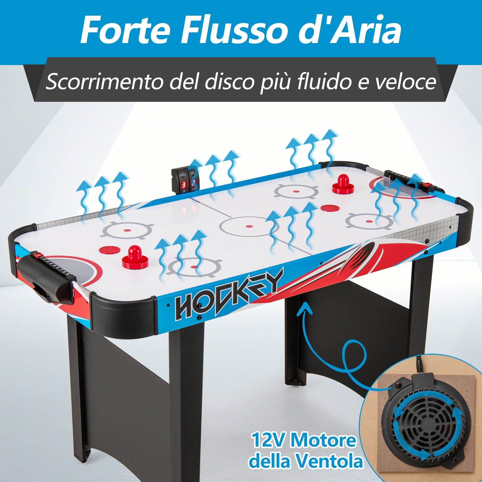 COSTWAY Tavolo da Air Hockey, con Tabellone Segnapunti LED e Motore 12V, Tavolo da Hockey ad Aria con 2 Dischi e 2 Spintori, 122 x 61 x 76 cm