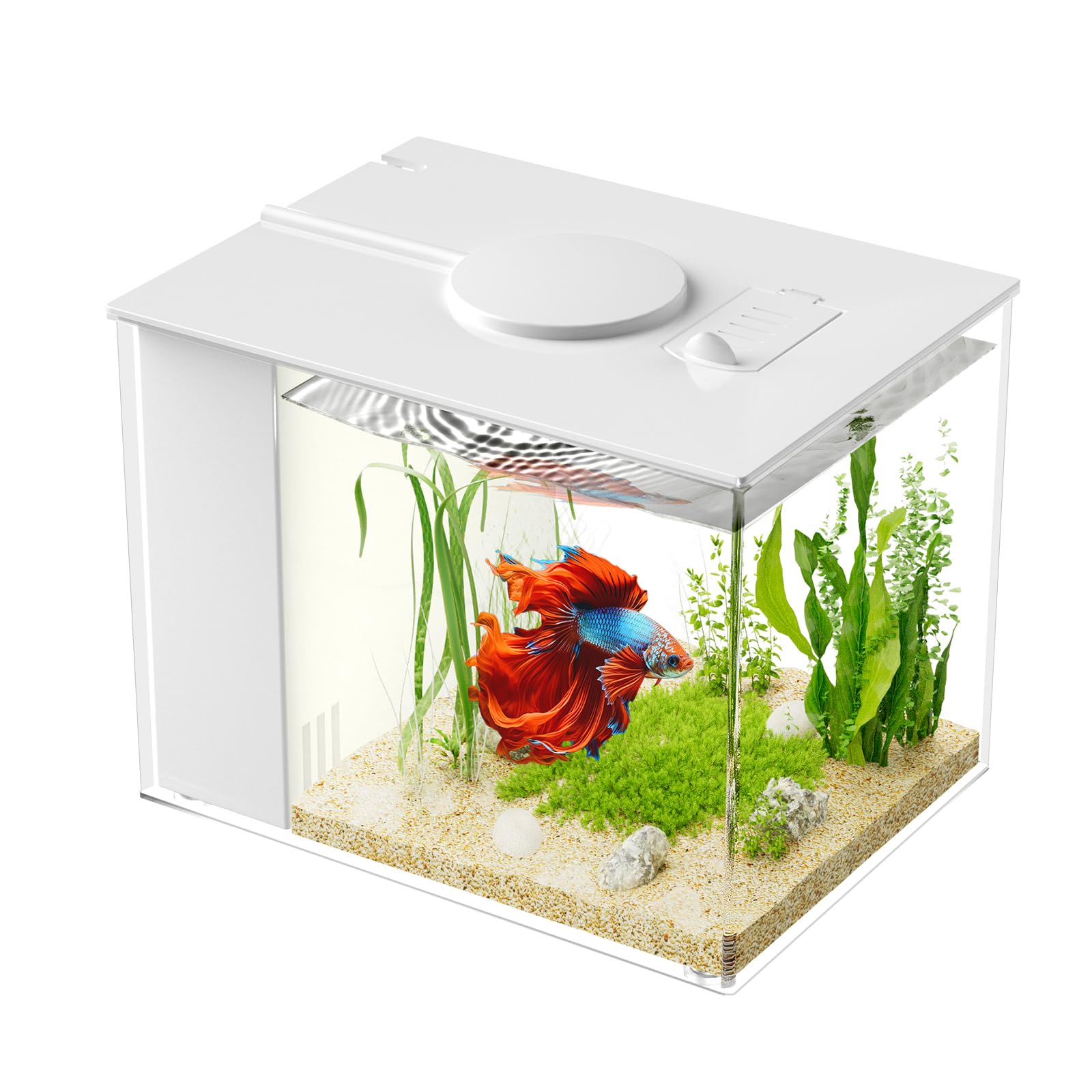 Vehipa 3,7 L Acquario Completo per Betta, Mini Acquario Completo con Pompa Filtro e Luce LED, Ideale per Pesci Piccoli, Gamberetti e Piante (Bianco)
