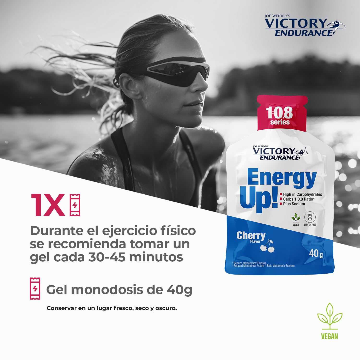 Victory Endurance Energy Up Gel 1:0,8 Series (24x40g) Sabor Cereza, Alto en Carbohidratos Ratio 1:0,8 maltodextrina:fructosa para energía adicional, rápida absorción, extra de sodio, vegan, sin gluten