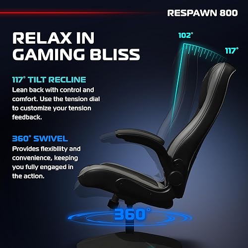 Miniatura 5 de RESPAWN Silla mecedora giratoria para juegos 800 - Asiento de juego ergonómico para piso con soporte lumbar, apoyabrazos abatible, respaldo alto,