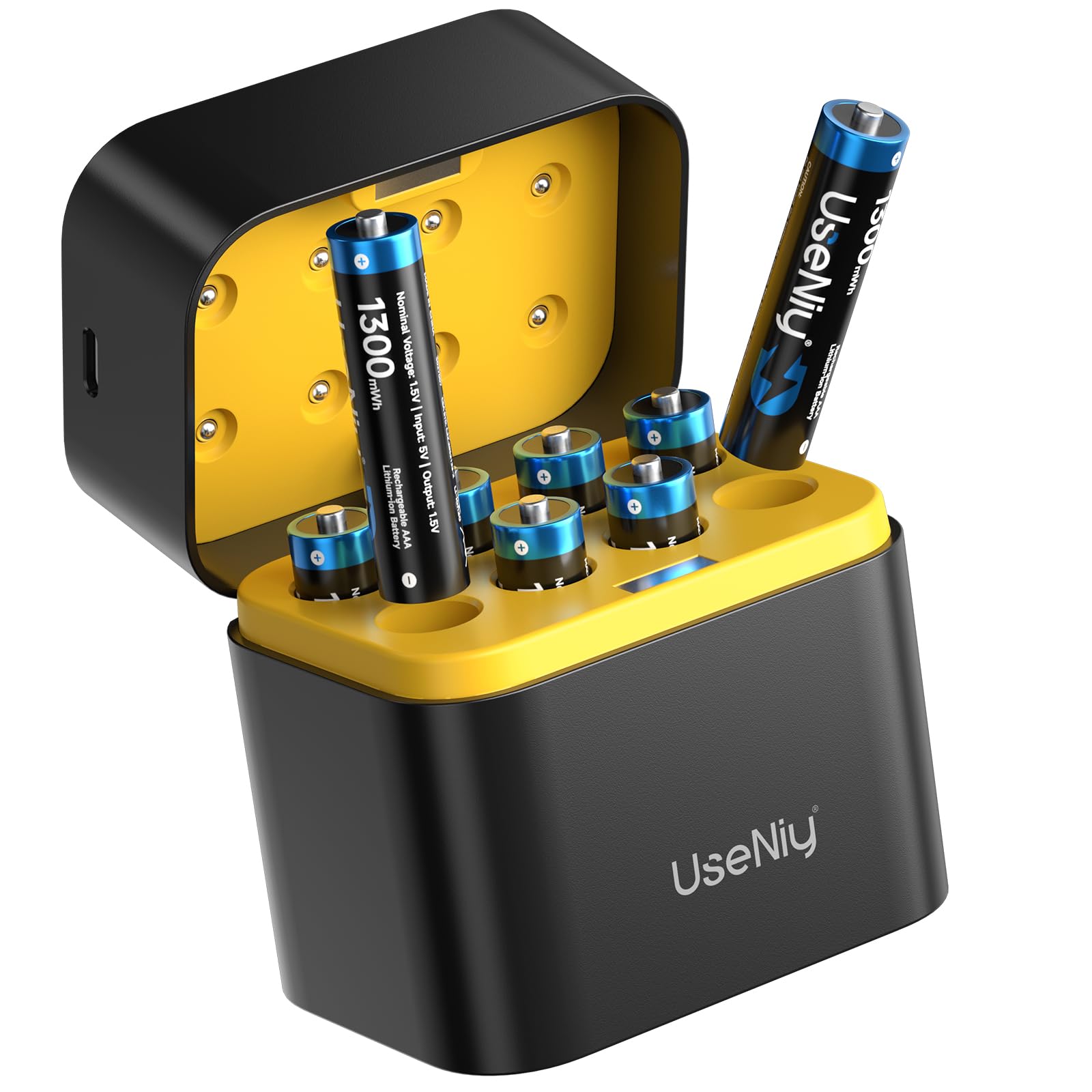 Batterie ricaricabili al litio AAA, confezione da 8 con caricabatterie, 1,5 V, 1300 mWh, batterie AAA ad alta capacità, batterie al litio AAA e caricabatterie con funzione di conservazione della