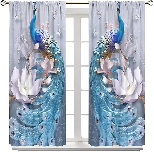 Miniatura 8 de Cortinas de pavo real, flores blancas, hermosas y elegantes, estilo de pintura al óleo de pavo real azul, tela de poliéster, tratamientos de ventana