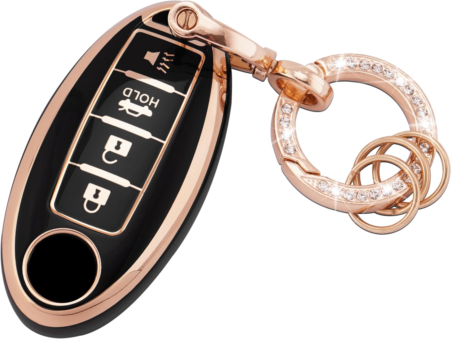 EKALA for Nissan Key Fob Cover Soft TPU Key Shells with Bling Keychain Fit for Nissan Altima Armada Maxima Sentra Rogue Pathfinder 4 Buttons Key Fob Case Black Gold (R-Nisn-4-B)