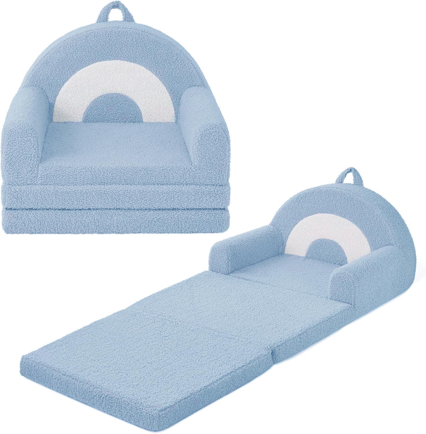 Kids Couch for Toddlers, 2-in-1 Fold Out Toddler Sofa and Lounger, Supportive Foam Chair with Removable Washable Cover for Playroom, Bedroom and Reading, Light Blue