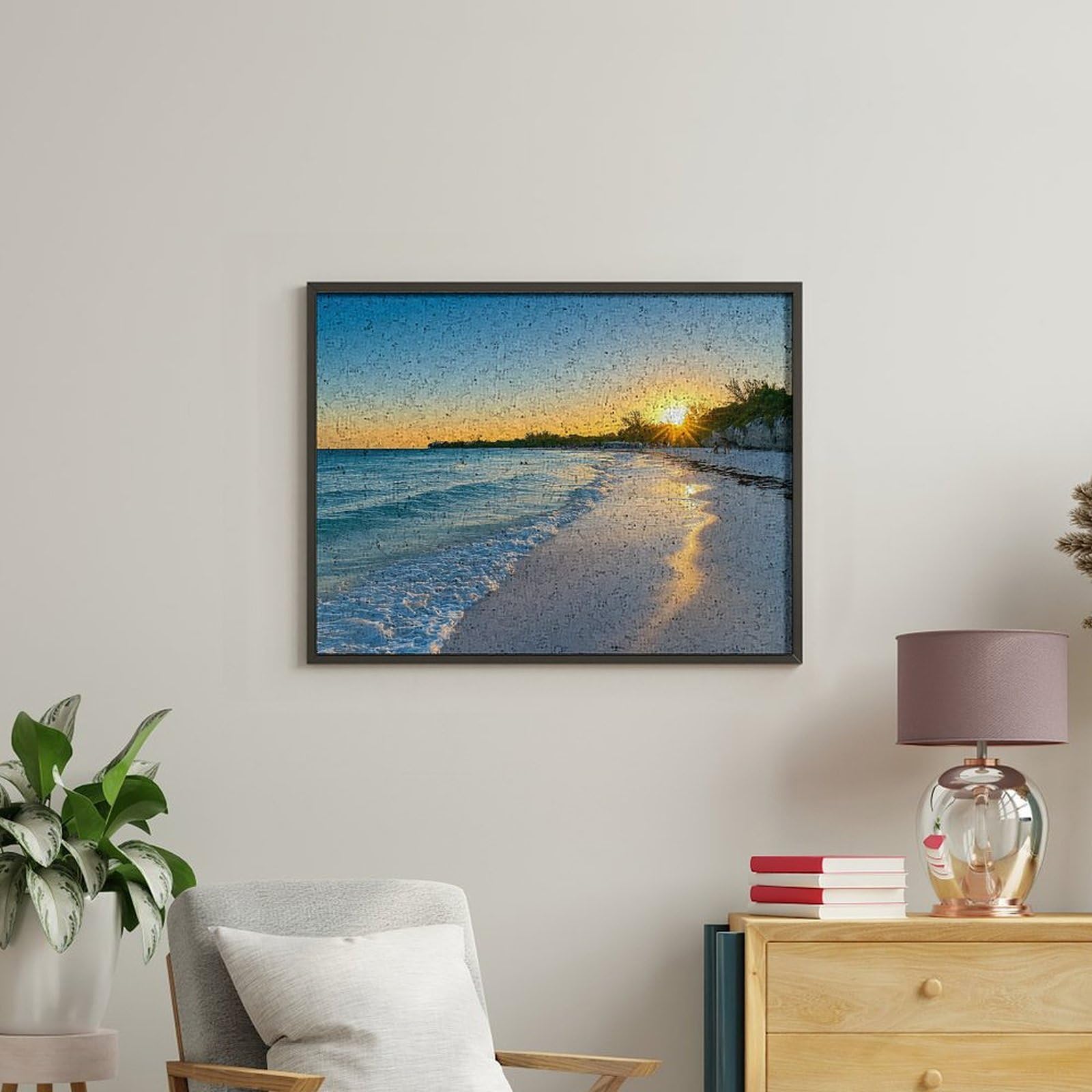 Lustiges Malen nach Zahlen für Erwachsene, Motiv: Strand mit Wellen und Sonnenuntergang, Baumwolle, digitales Ölgemälde, Heimdekoration, Geschenk, 50 x 65 cm