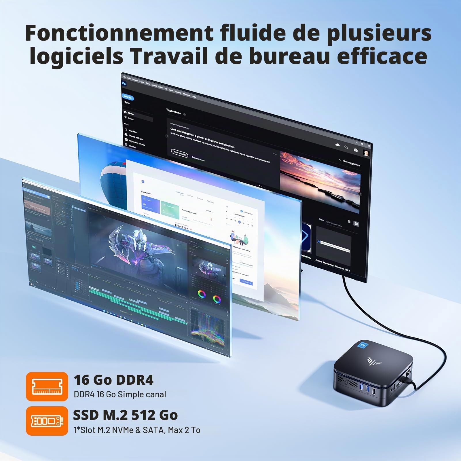 NiPoGi Mini PC AK1PLUS 12e génération Alder Lake-N97 (jusqu'à 3,6 GHz), 16Go DDR4 512Go SSD M.2, écran 4K, Wi-FI 2,4 GHz/5 GHz, BT 4.2, RJ45, Mini-PC de Bureau pour Bureau, école et Maison