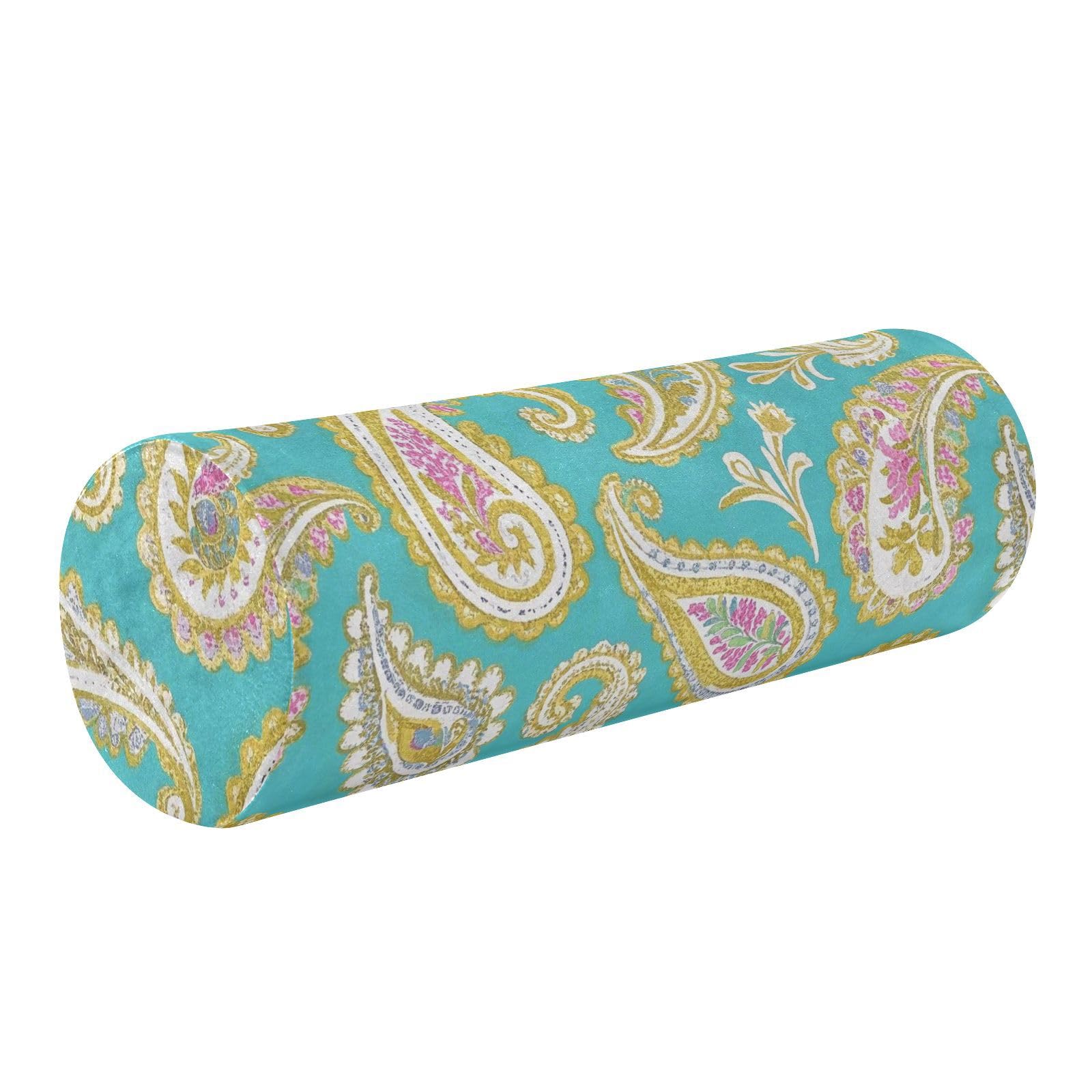 miaozhen Retro Fashion Flower Paisley Gold Turquoise Bolster Pillow Insert Bolster Pillow for Legs Massage Table Rollo Cervical para dormir 5.5''x17''