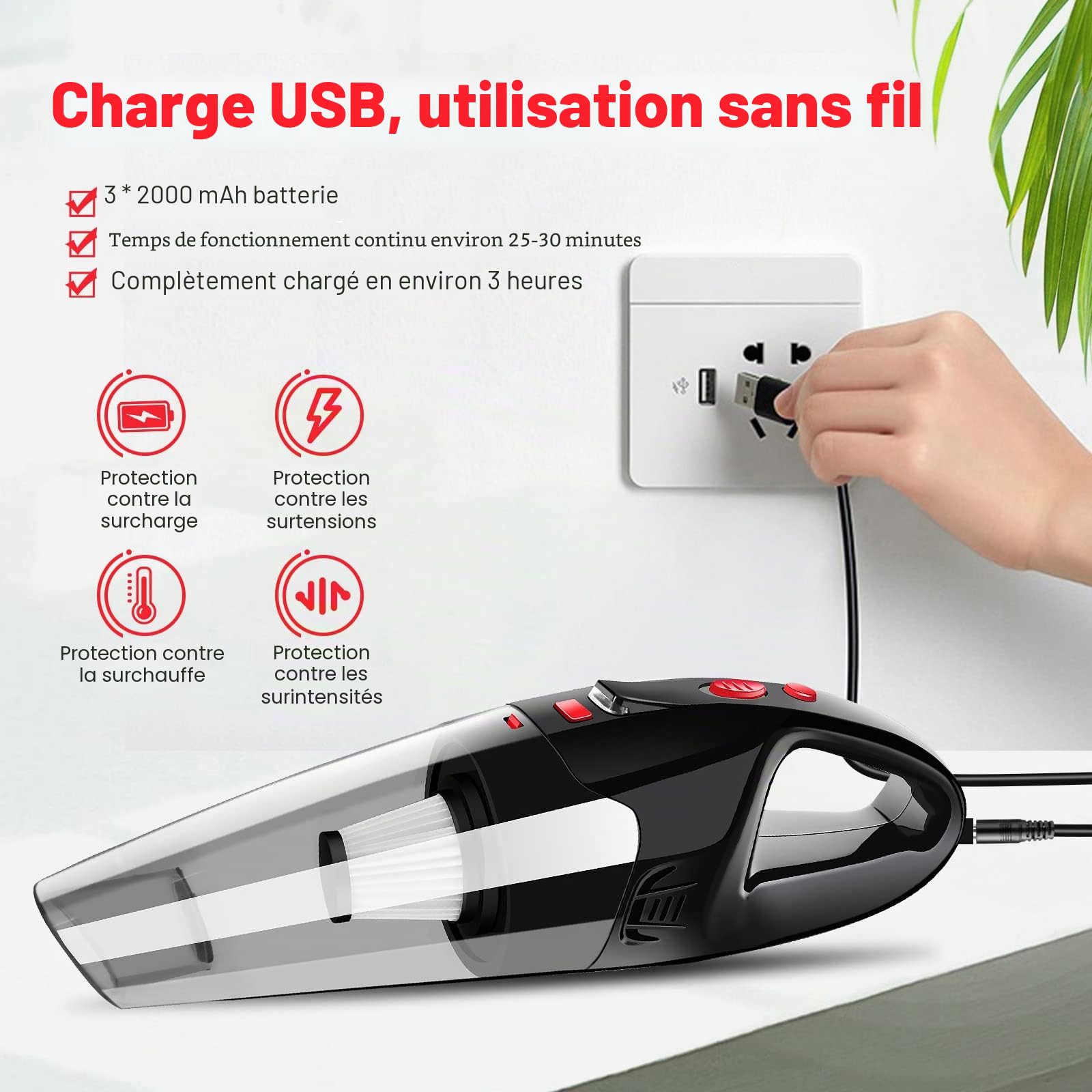 Aspirateur à Main sans Fil Rechargeable Aspirateur Puissant Portable 120W 8500Pa avec Filtre HEPA Lampe LED pour Maison Bureau Table Voiture Canapé