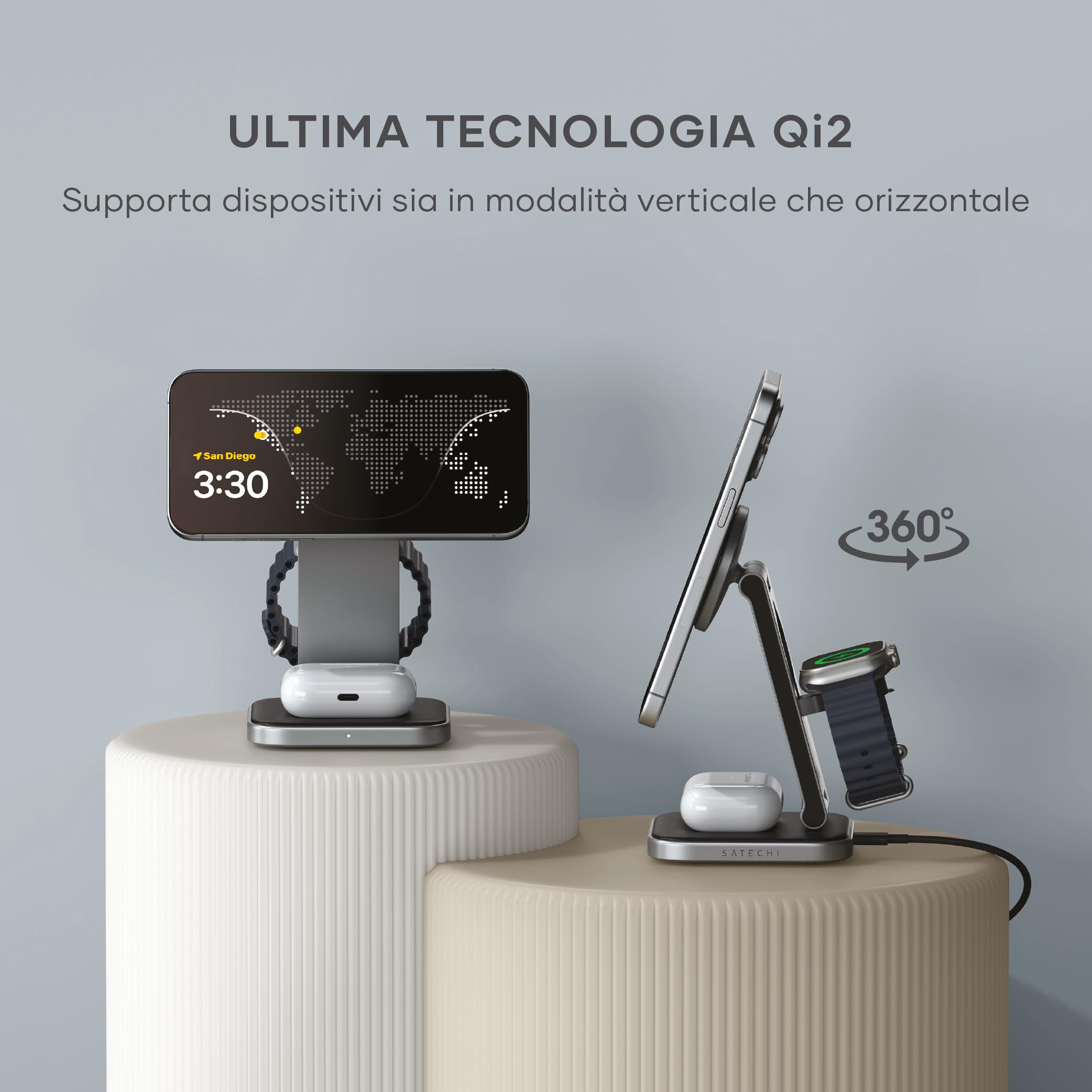 SATECHI 3 in 1 Qi2 Caricatore Wireless Pieghevole 15W | Supporto pieghevole da viaggio, compatibile con iPhone 17-12, Apple Watch e AirPods con ricarica wireless