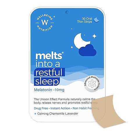 Wellbeing Nutrition Melts Restful Sleep (30 Oral Strips) | Plant Based Melatonin 10mg with Himalayan Tagara, Passion Flower, GABA, L-Theanine, Chamomile for Natural Sleep cycle, Jet Lag