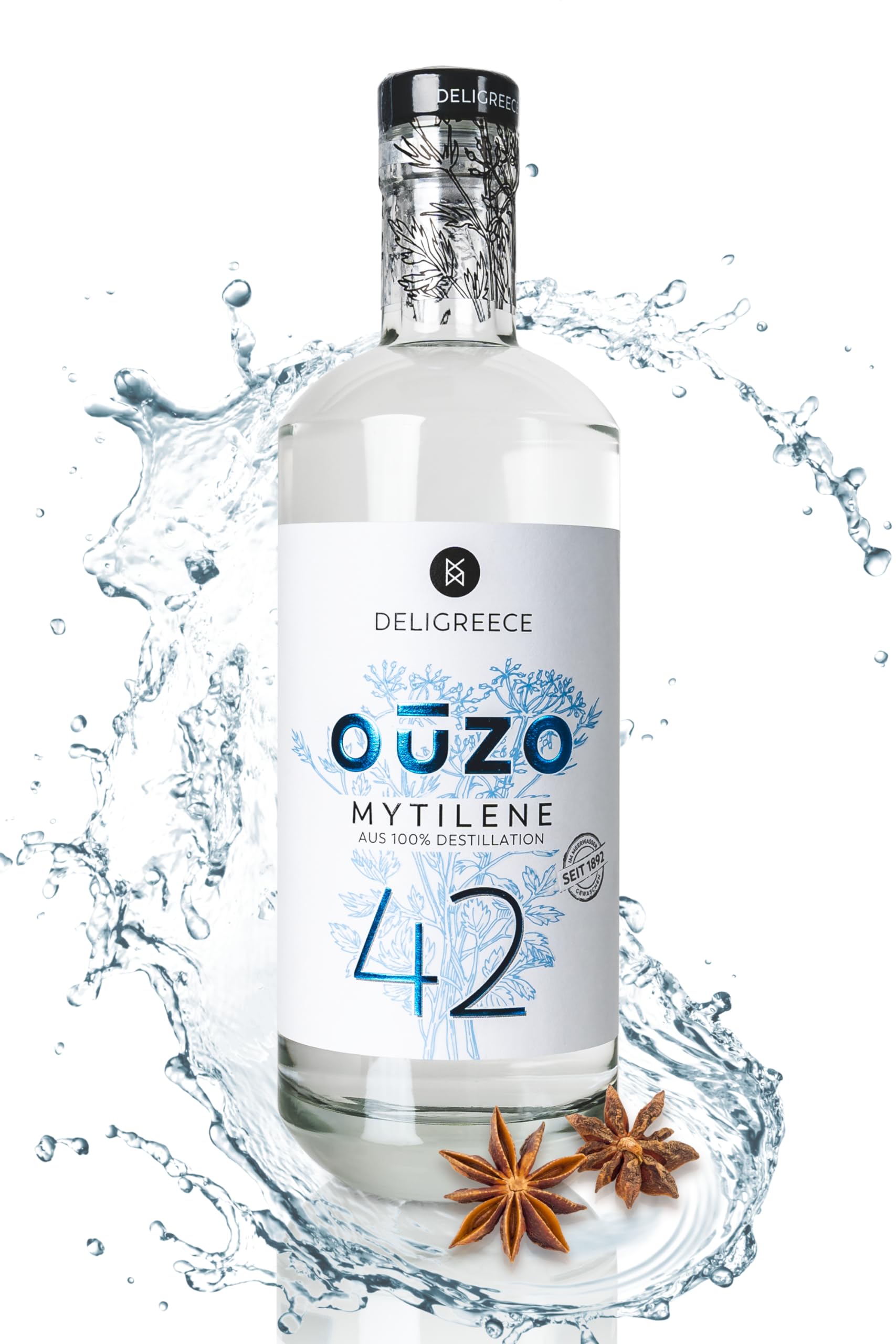 Deligreece Ouzo 42 | Seit 1892 traditionell hergestellter Ouzo aus Mytilene | 42% Uzo Destillat mit echten Aromen des Meeres | Handgemachter Ouzo aus Griechenland als Geschenk | 700ml Flasche
