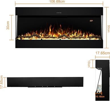 106 cm 3 Side Electric Fireplace Insert Wall Mounted and Recessed,13 Flame and Fule Colour Options, 6 Fuel Bed Brightness Levels, 5 Flame Speeds, 750/1500W, 9H Timer