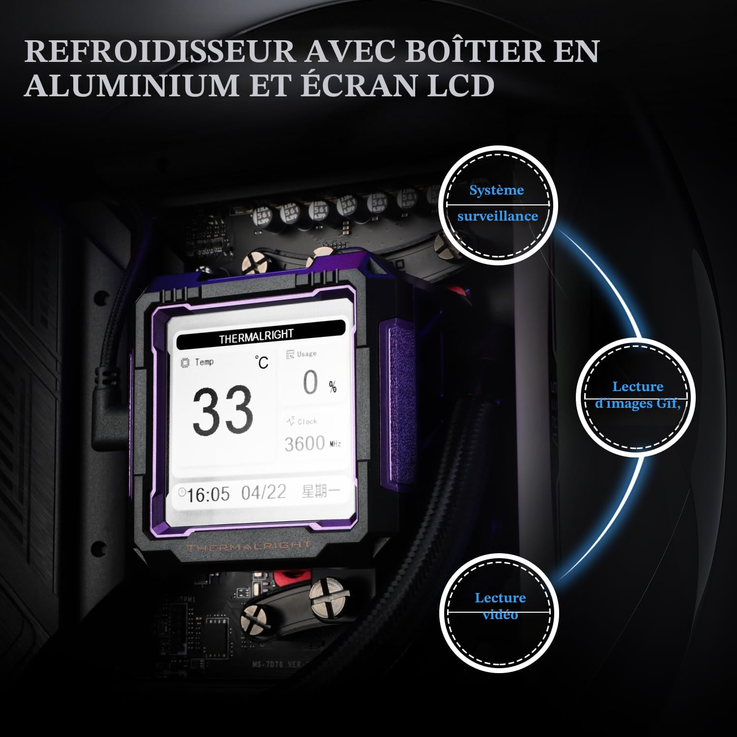 Thermalright FW PRO 360 Black ARGB CPU AIO Refroidisseur avec écran LCD IPS avec résolution 320 x 320, pour AM5&Intel 1700/1851, puissant refroidisseur à eau avec displa amovible de 2,73"
