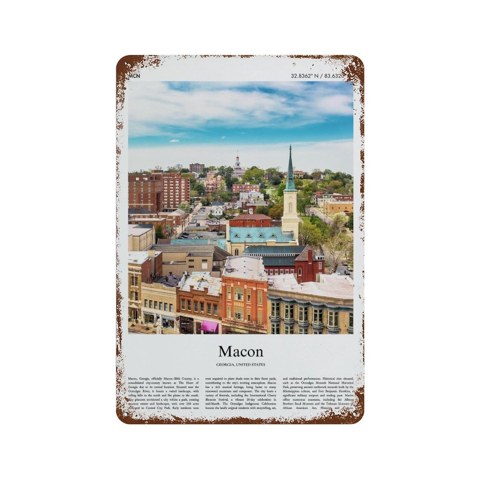 xiaoxiaoshen Macon Georgia, United States, USA City Scenery Wall Decor Art Metal Tin Poster Modern Home Decor Art Home Bar Shop Decorations Vintage Sign 30x20cm