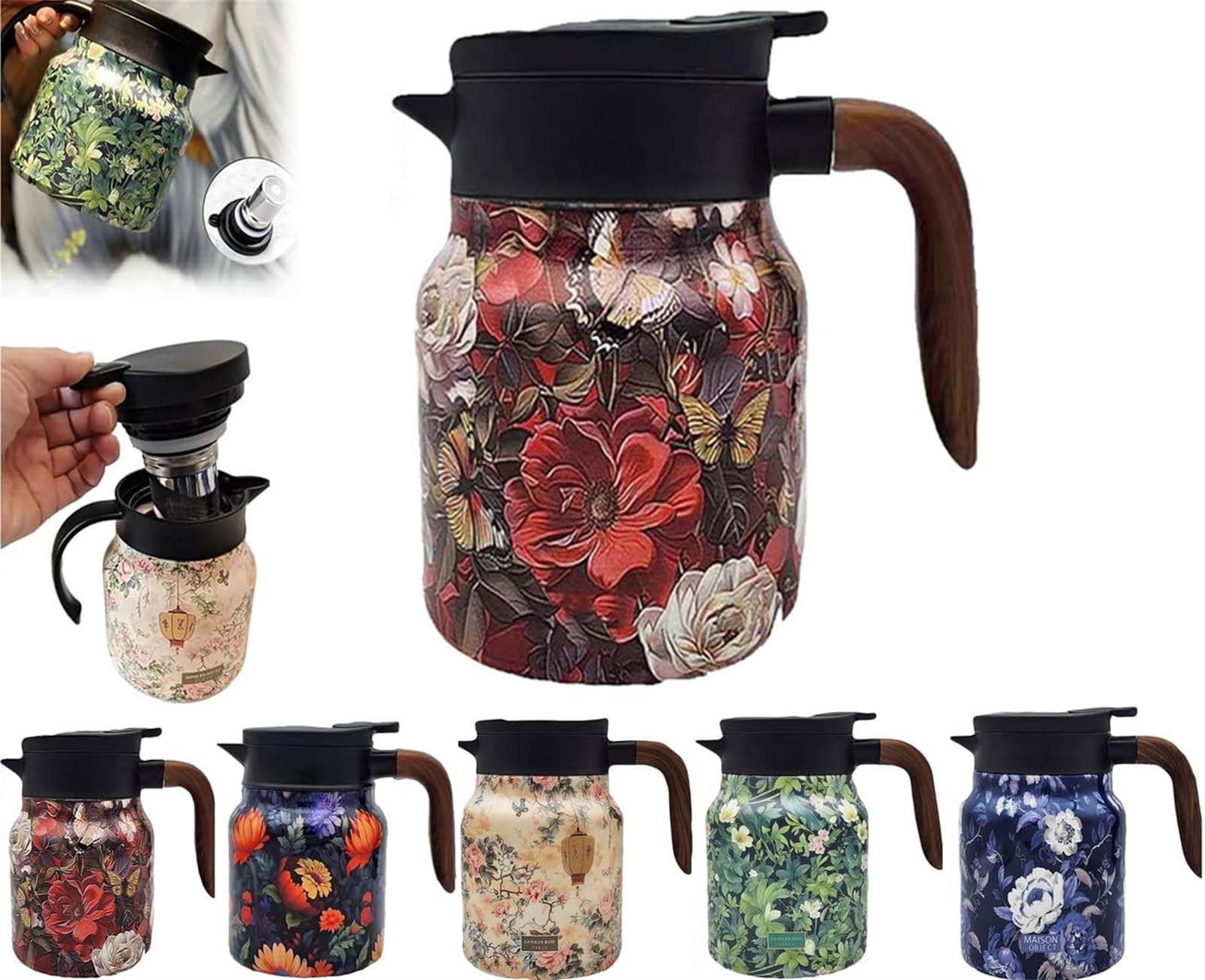Retro Floral Pattern Teapot, Mini Coffee Maker, Office-Style Stainless Steel, Built-in Tea Infuser, Lid, Suitable for Hot Drinks