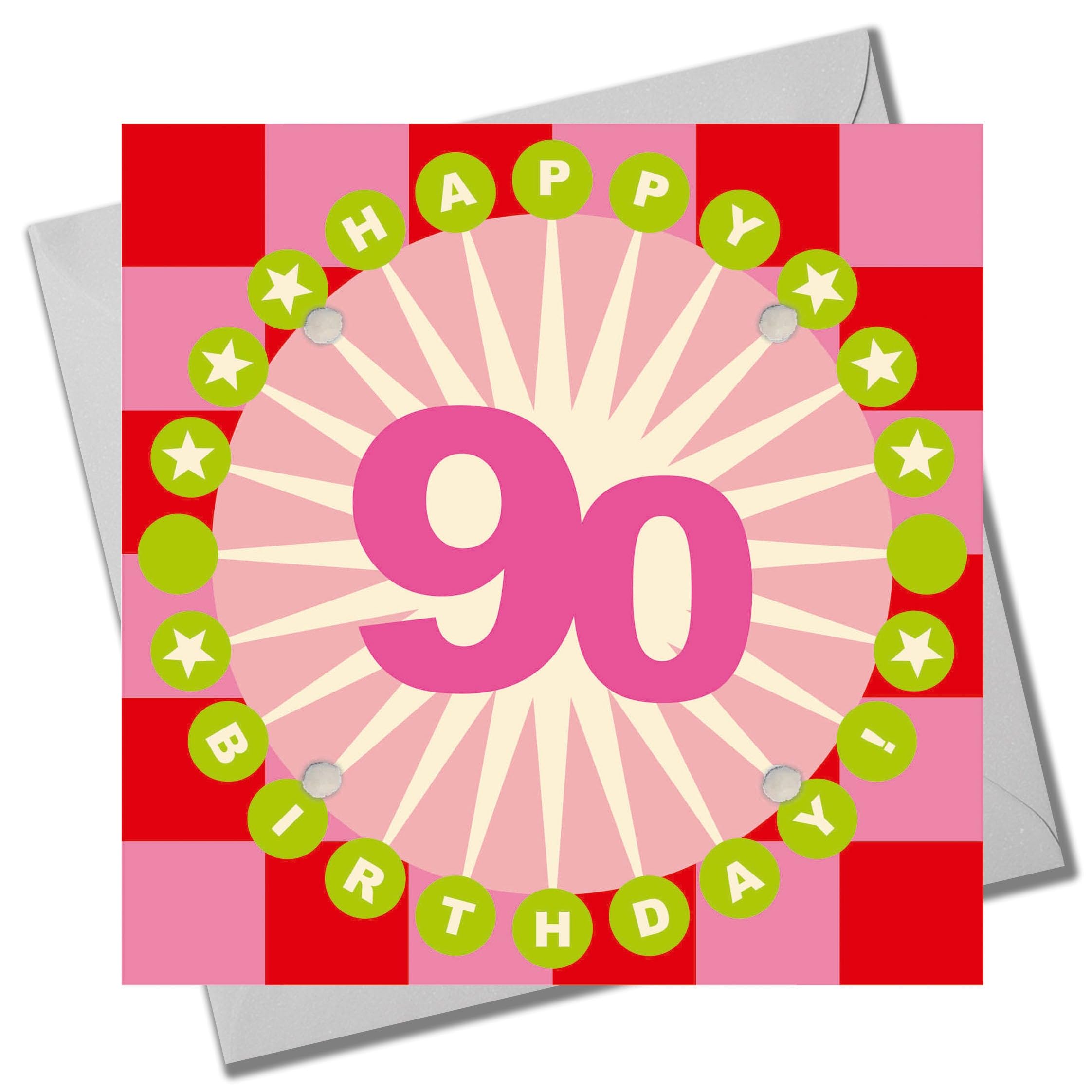 Claire Giles Greeting Cards, Age 90 Birthday Card, Happy 90th Birthday, Starburst design and Embellished with pompoms