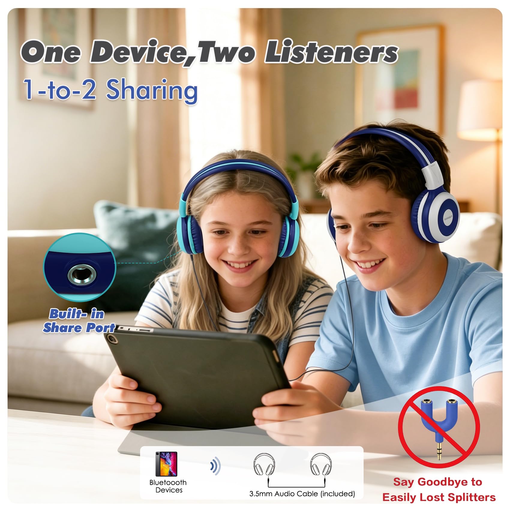 SIMOLIO Auriculares inalámbricos Bluetooth para niños con micrófono, Protección auditiva Auriculares para niños, Volumen Limitado, Puerto compartido, Sonido Estéreo, 15 Horas Reproducción, AUX Cable