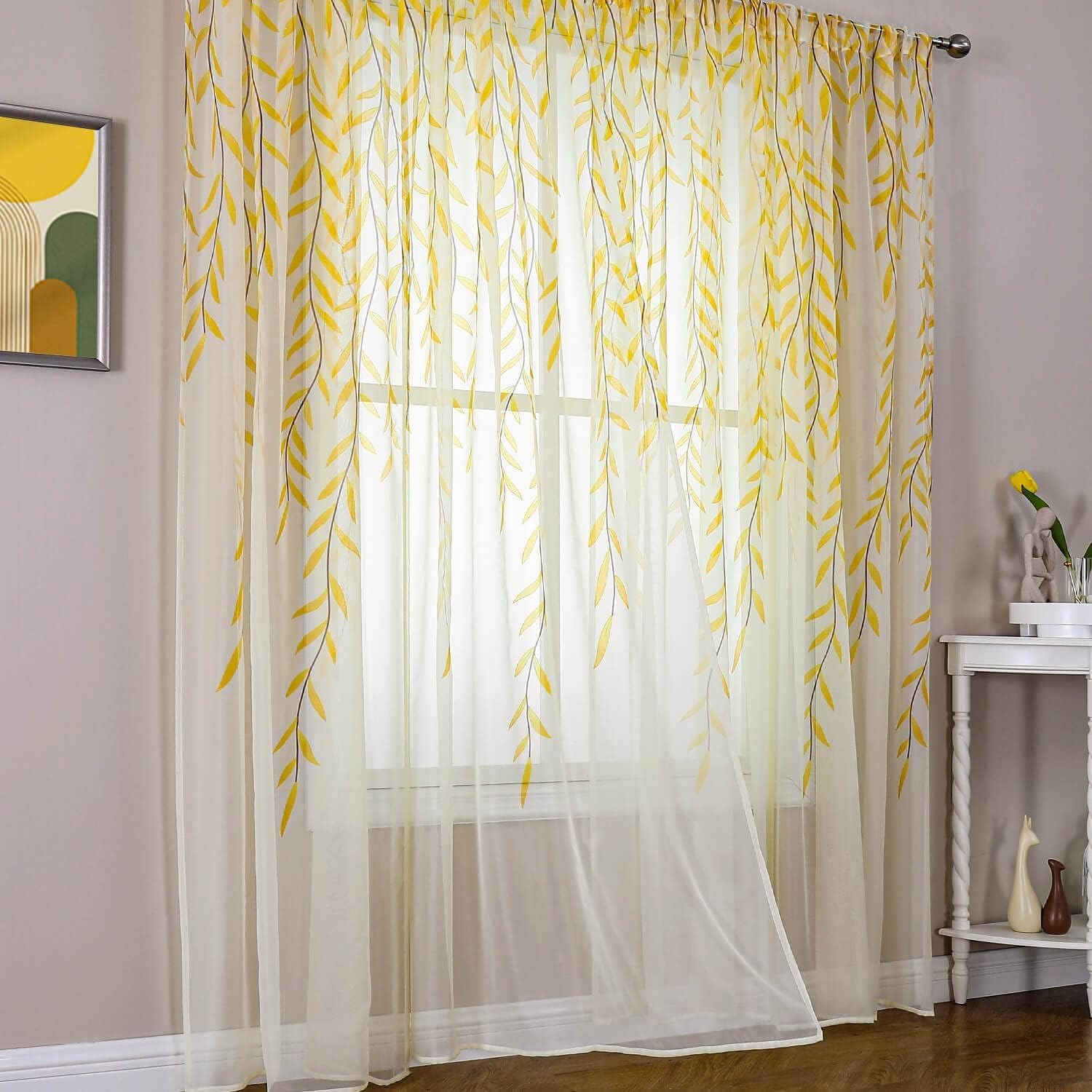 BROSHAN Yellow Sheer Curtain 2 Panels, 108 inch Long Sheer