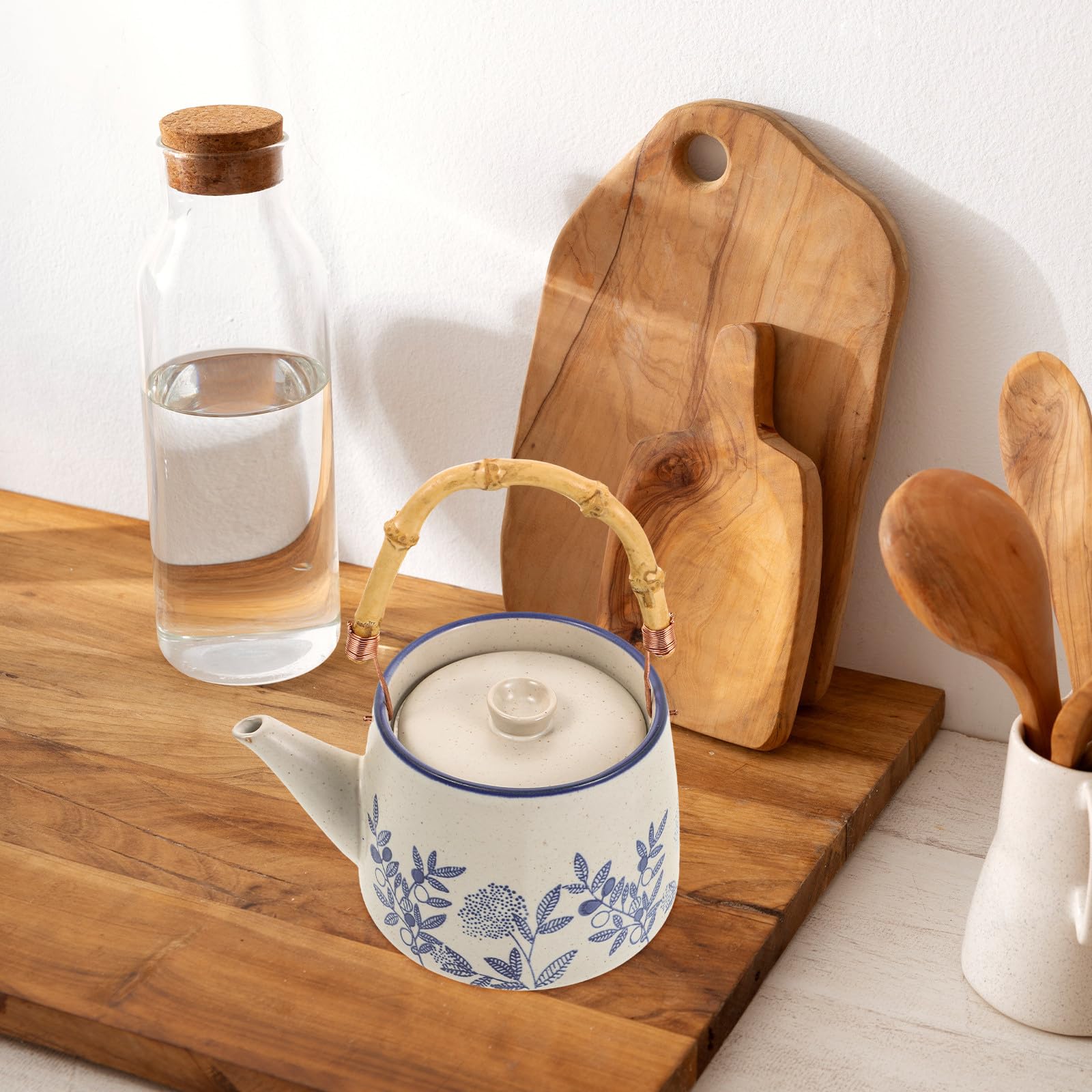 Tetera de Cerámica Vintage con Flores, Asa Portátil para Cocina