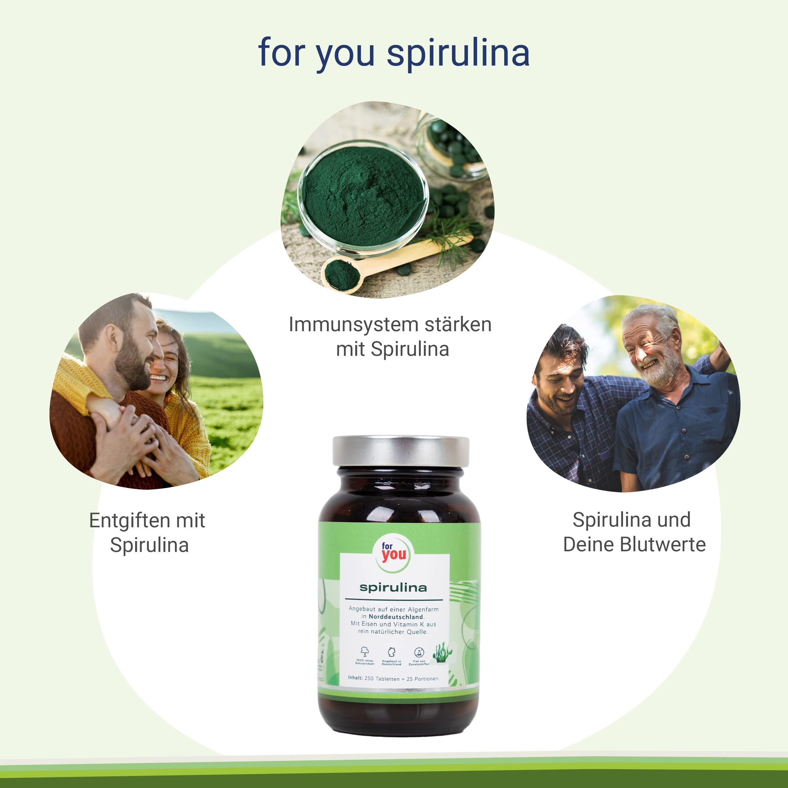 for you spirulina aus premium Algen in Norddeutschland - 250 Tabletten Spirulina Algen Presslinge - 100% reines Naturprodukt - Kontrollierter Anbau auf Algenfarm in DE - Mit Eisen & Vitamin K