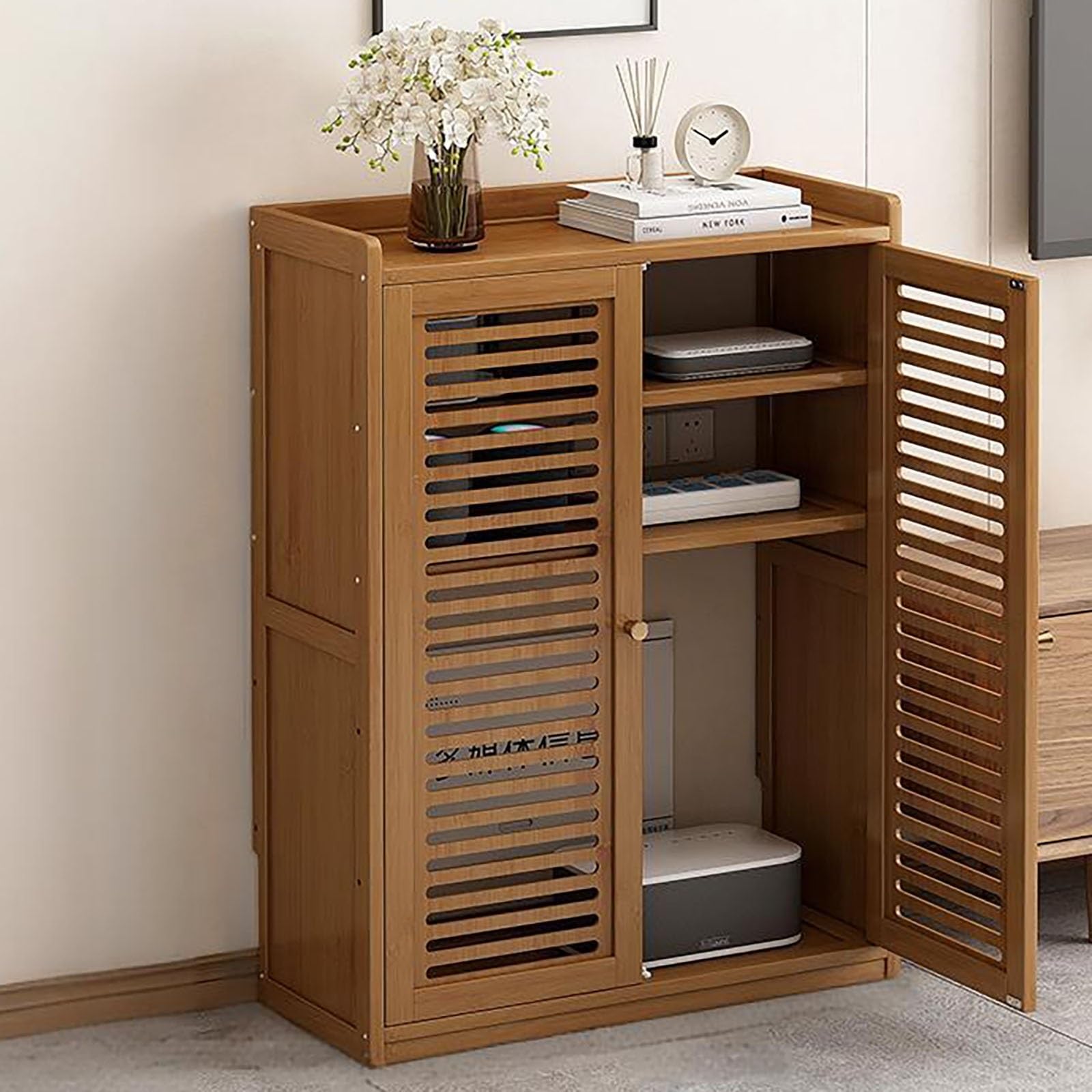 Stehender Router-Aufbewahrungsschrank für Modem, WiFi Router Schrank, Doppelstock Regal, Verstecker und Aufbewahrungslösung für Ordentliche Räume(Brown,H82cm/32in)