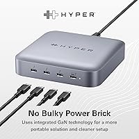 Vista 1 de Hyper Unidad USB-C y Thunderbolt 4 Hub con fuente de alimentación GaN integrada: tres puertos Thunderbolt 4 downstream y un puerto ascendente