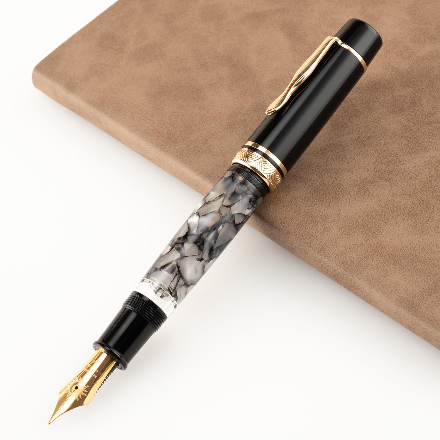 erofa Majohn P139 Piston No. 8 Fountain Pen Fine Nib with Box, Large Capacity Grey Marble Acrylic Writing Pen - Image 3