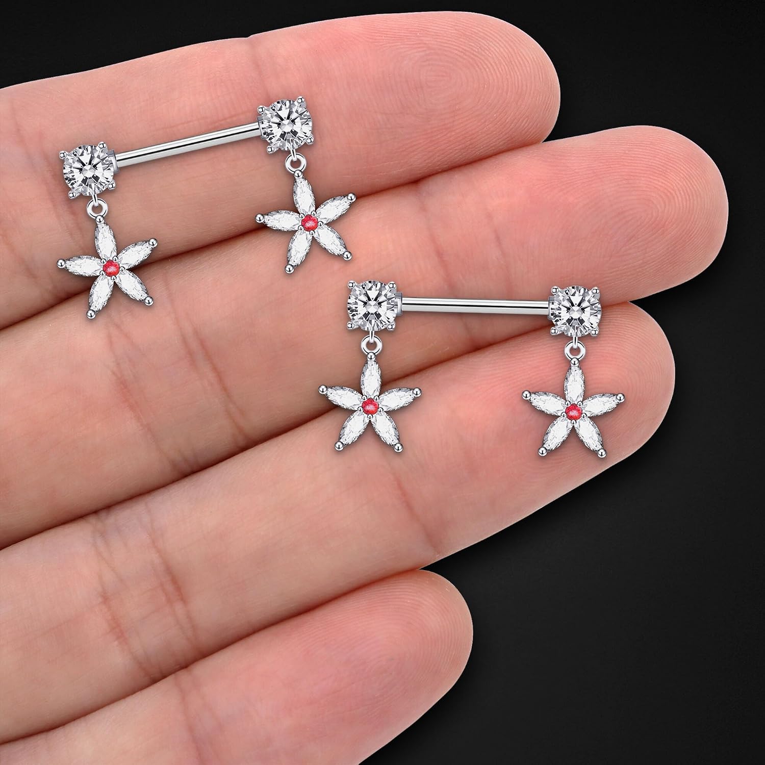 Surgical Steel Nipple Jewelry with Crystal Flowers, BDSM Erotic Barbell Straight Nipple Decor Intimate Piercing