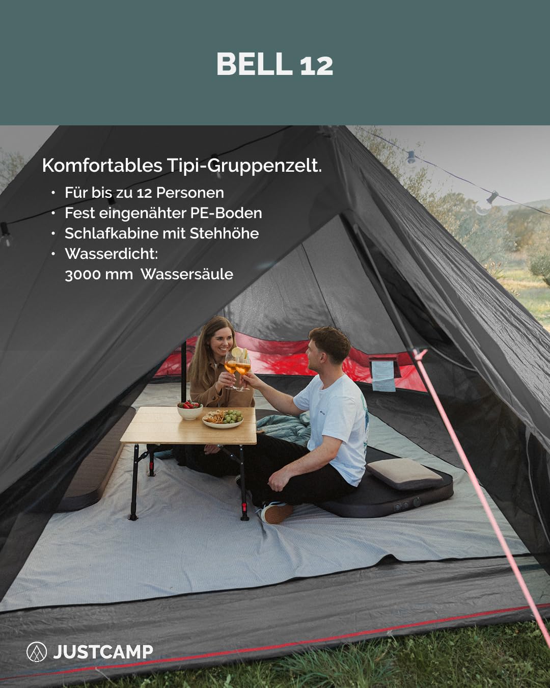 Justcamp Bell 12 Tipi Tente de Camping familiale, 12 Personnes, Tente Pyramide