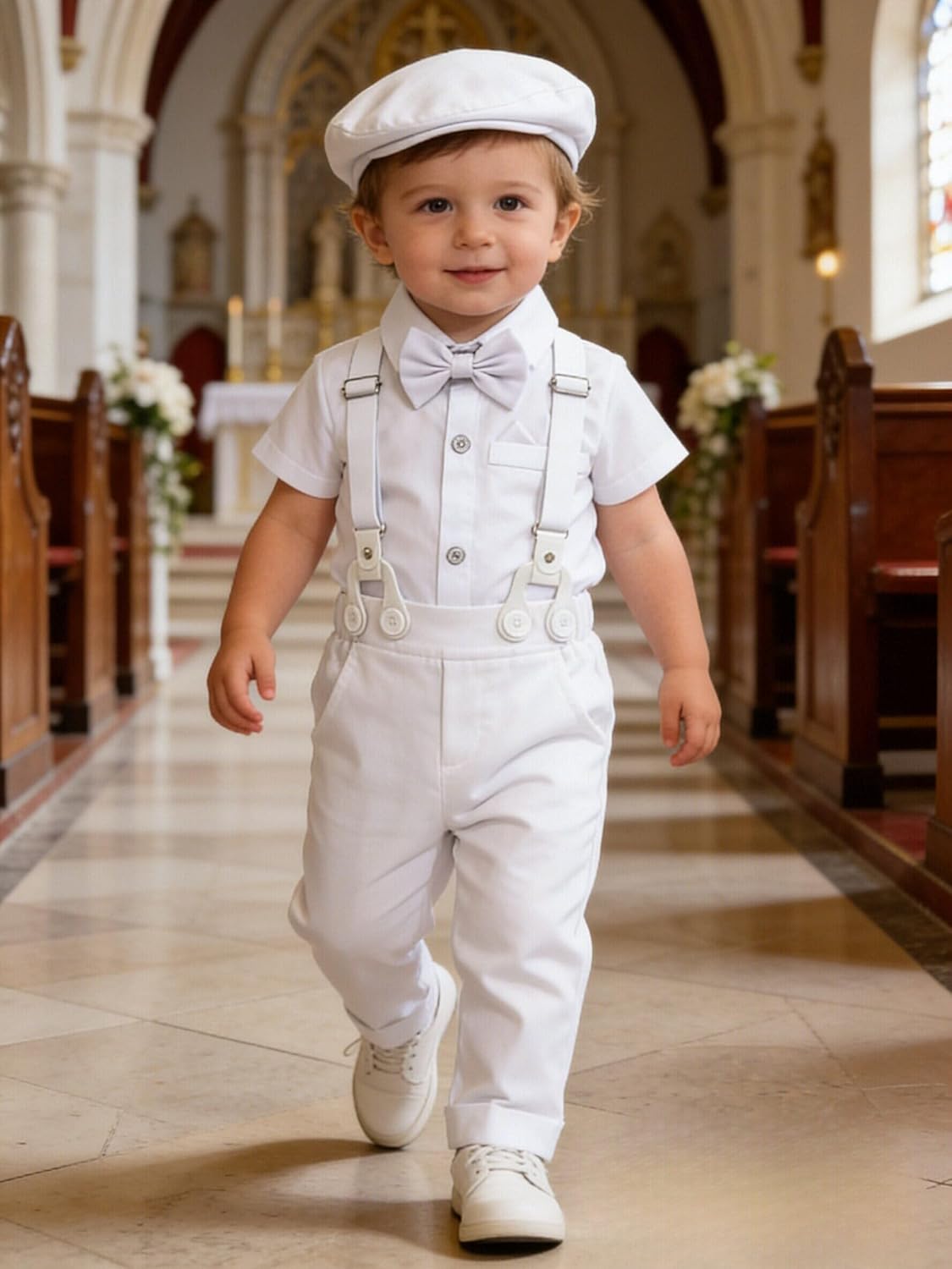 Coco&RARA Baby Boy Clothes Suits Infant Tuxedo Gentleman Dress Shirt with Bowtie Beret Suspender Pants Outfit Sets 0-18M
