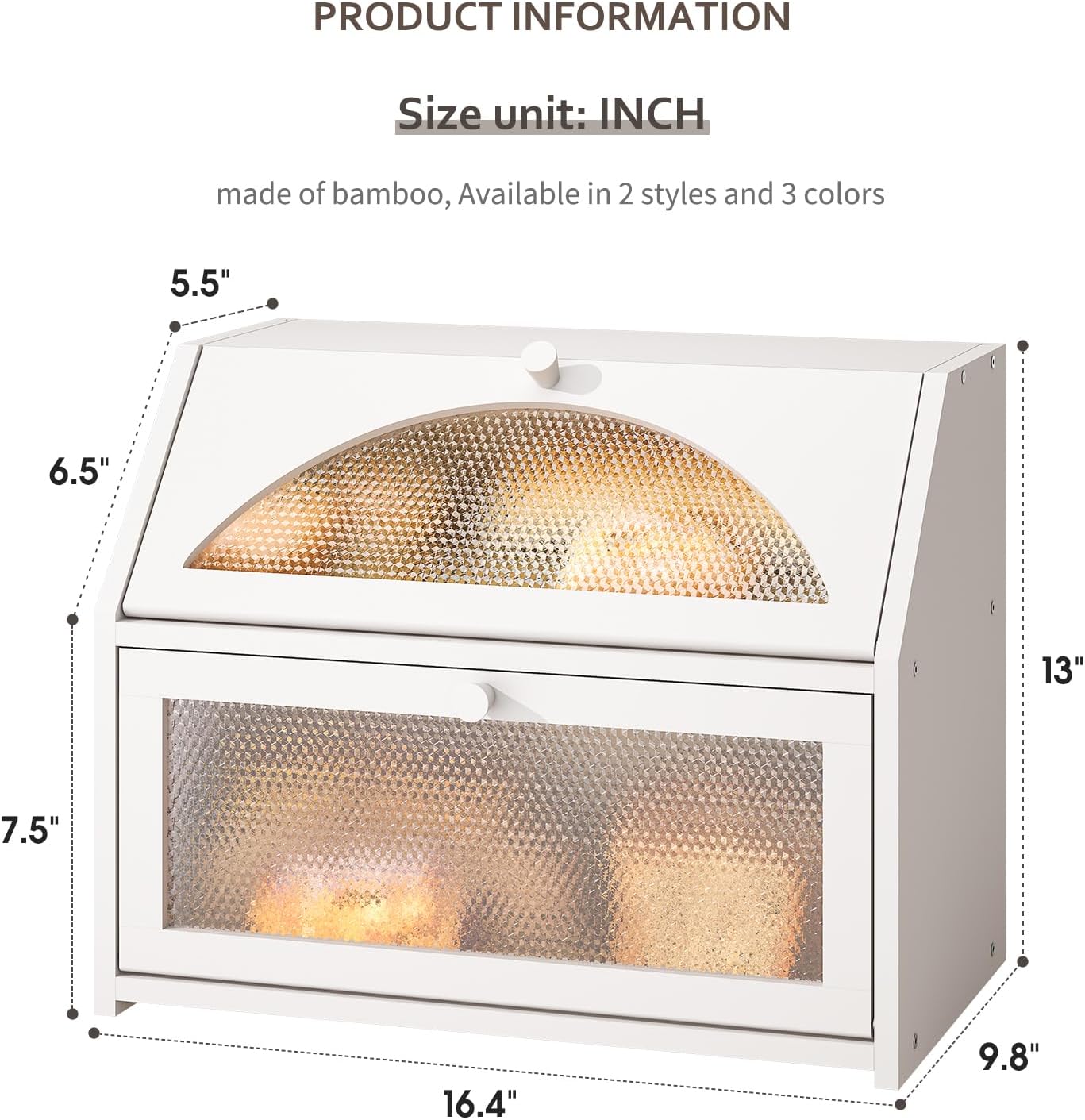 STDDRE Bread Box for Kitchen Countertop Double Layer Bread Box Storage Container Extra Large Capacity Farmhouse With Diamond Pattern Windows(Arched White)