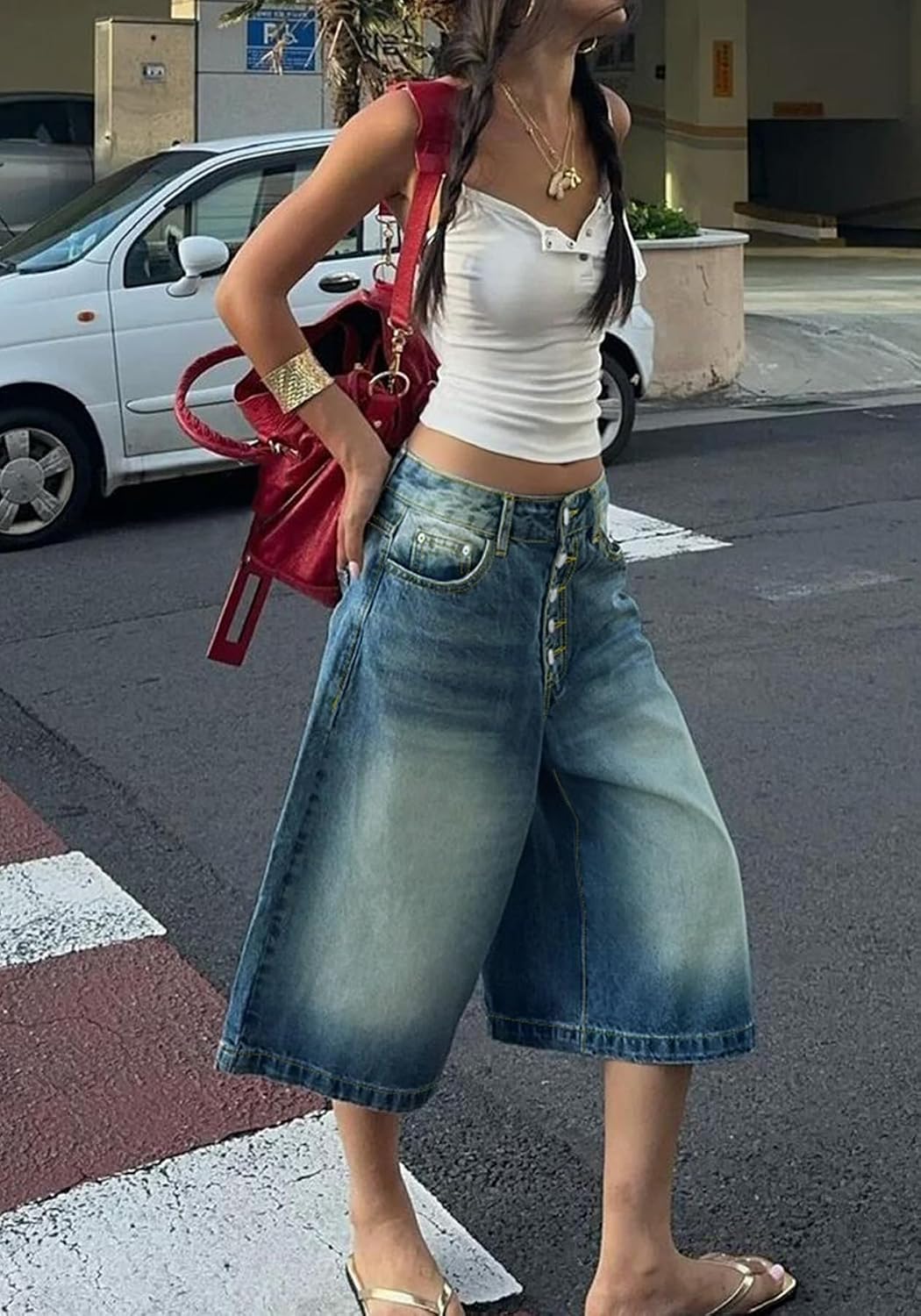 Tbahhir Cropped Bermuda Shorts Jeans for Women Wide Leg Baggy Jorts Summer Denim Pants Y2k High Waisted Casual Capris