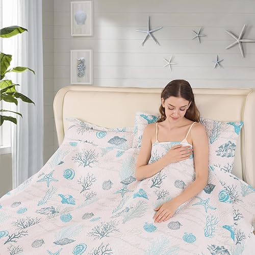 Miniatura 3 de CHESITY Juego de colcha de playa reversible de 3 piezas, tamaño matrimonialqueen, juego de ropa de cama costera para verano, ligero, con diseño de