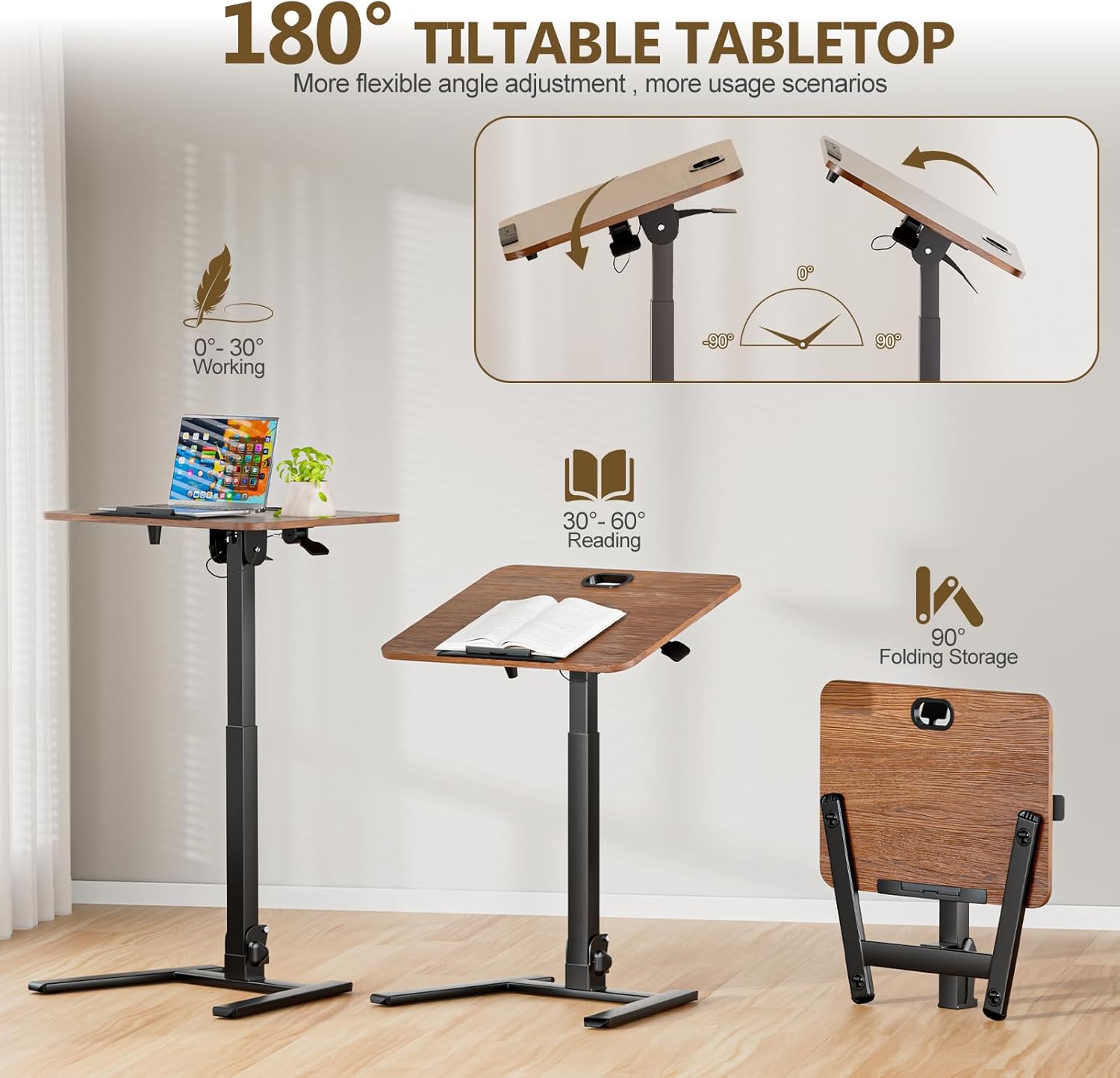 25 Inch Mobile Foldable Standing Desk, 180° Tiltable Portable Rolling Laptop Table, Height Adjustable Sit-Stand Desk with Wheels, No Assembly Computer Workstation for Home Office, Brown