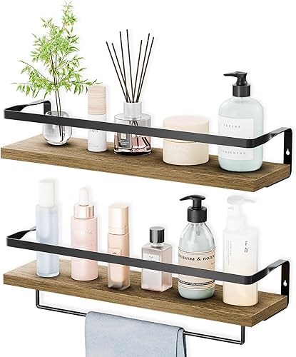 Estantes de baño con toallero, estantes flotantes para baño, cocina, dormitorio, madera de Paulownia, marco de metal negro mate, juego de 2 (marrón