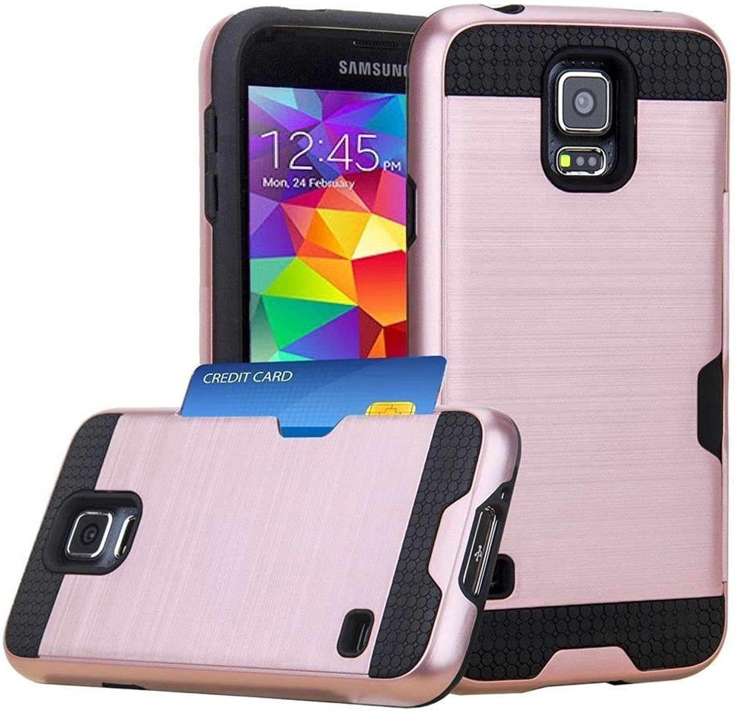 J.west Galaxy S5 / S5 Neo Wallet Case with ID Card Slot Holder Rugged Rubber Heavy Duty Shock Absorbent Armor Hybrid Defender Shock Proof Case Cover Skin for for Galaxy S5/S5 Neo - Rose Gold