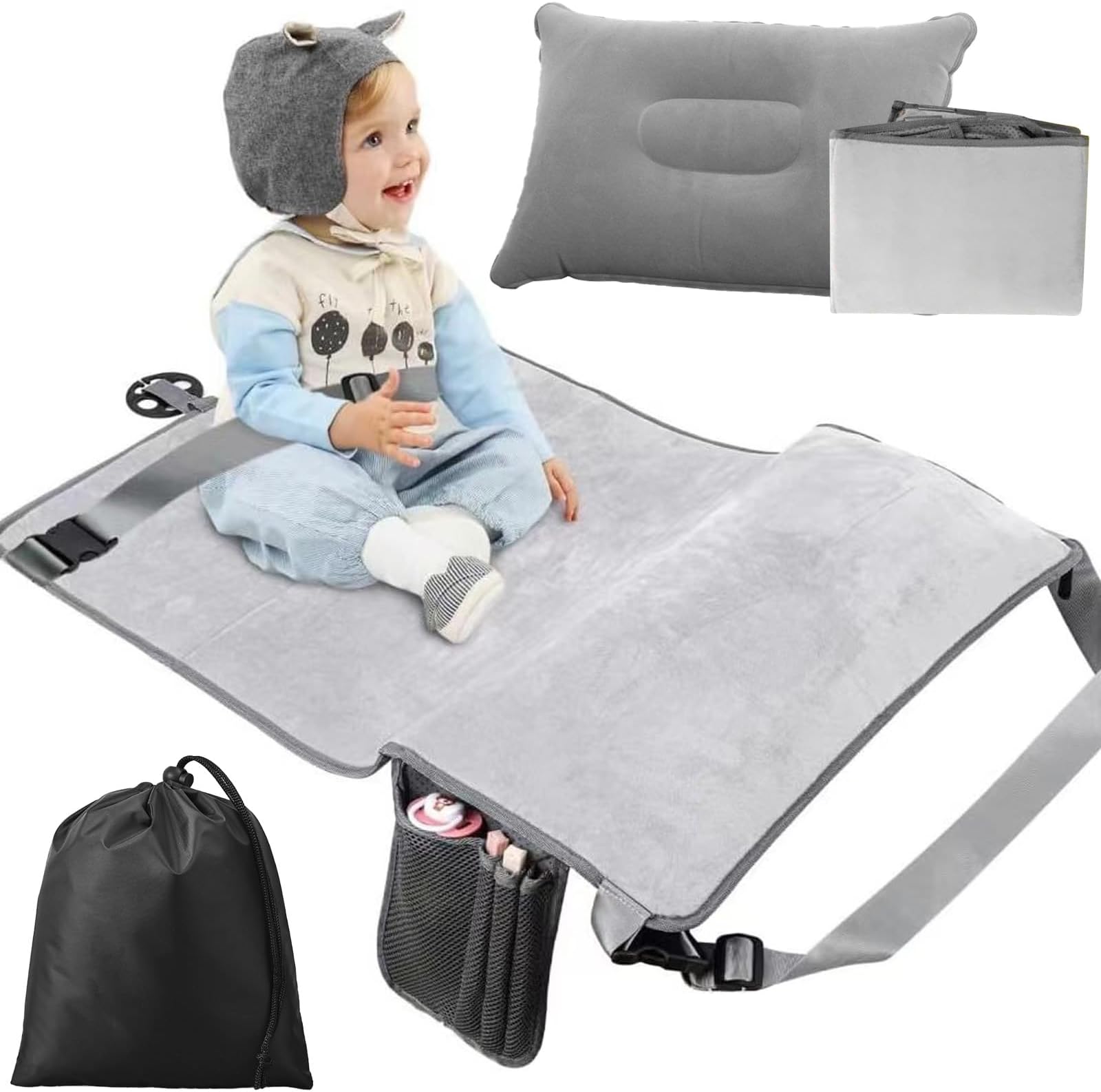 Toddler Airplane Bed Seat Extender with Upgraded Fabrics and Inflatable Pillow – Comfortable Airplane Seat Extender for Toddlers, Hammock Suitable for Children