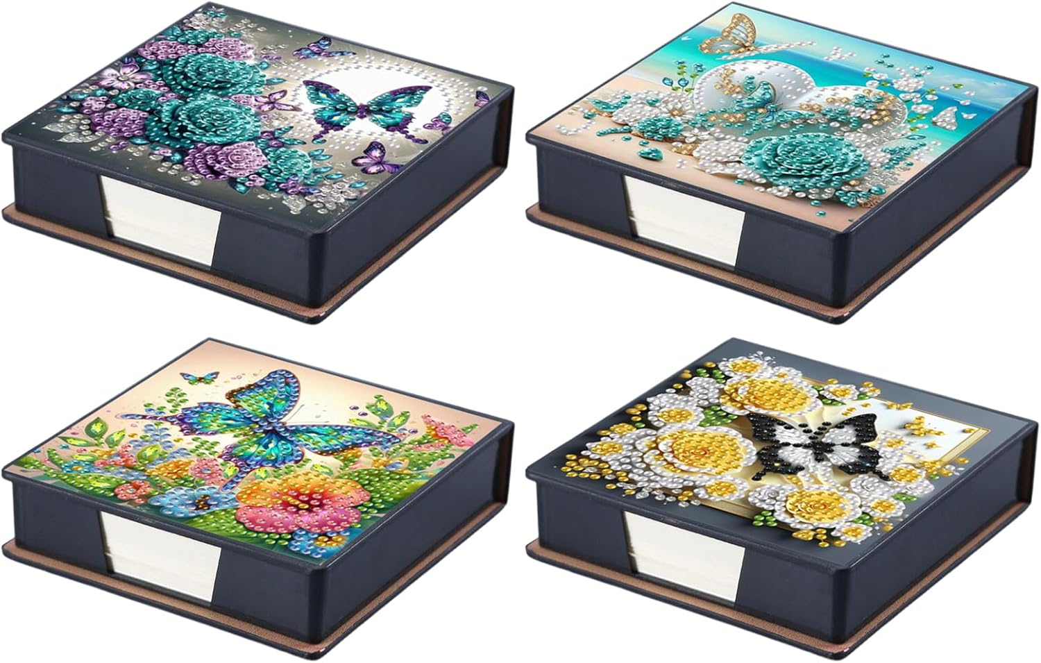 4PCS Diamond Art Painting Notecard Box- Sticky Note Box with Total 640 (160 Pages Each) Sheets of Paper, Gem Art Sticky Note Holder,Memo Pad for Office Desk(Flower and Butterflies)