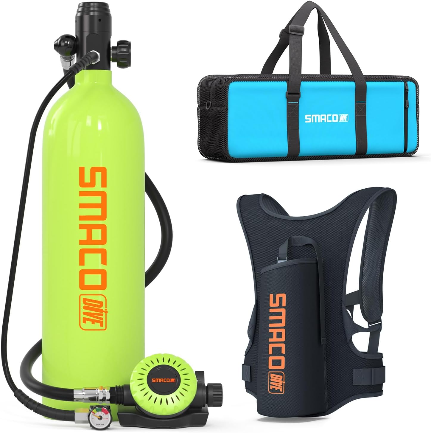 SMACO Mini Scuba Tank 1.9 L Scuba Diving Tank for Shallow Water Diving, Aluminum DOT Certified Scuba Cylinder for Diving Practice/Underwater Operations/Backup Air Source