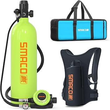 SMACO Mini Scuba Tank 1.9L Capacity Diving Oxygen Tank for Underwater Breathing Reusable Small Scuba Tank Kit with Portable Bag Scuba Cylinder for Underwater Entertainment/Diving Work