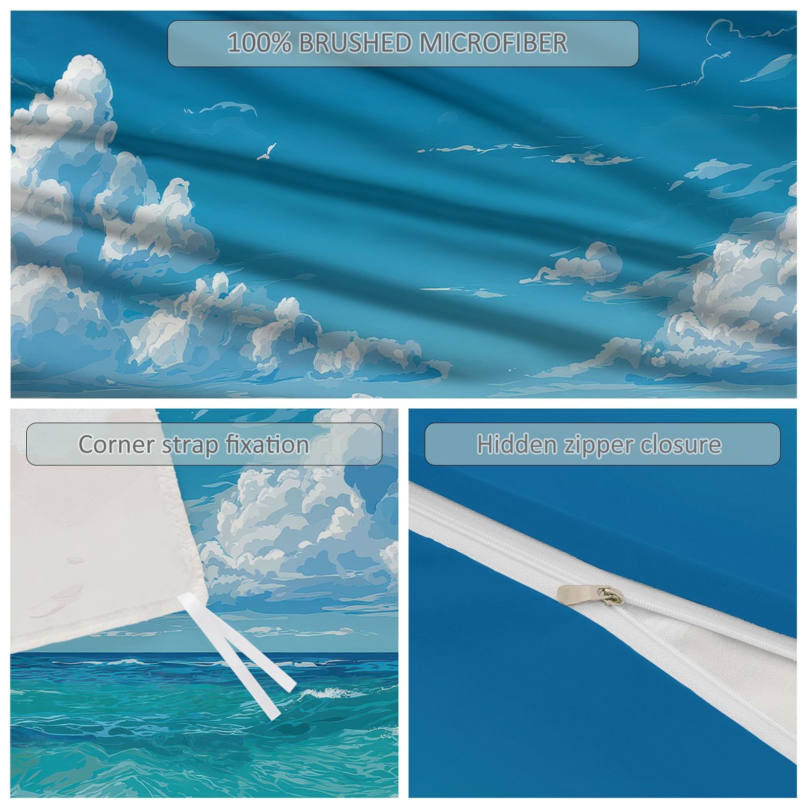 Zestaw pościeli nie wymaga prasowania, 200 x 200 cm, z mikrofibry, naturalne niebieskie niebo, wzór plaży, miękka, dwustronna pościel z zamkiem błyskawicznym do sypialni, jasnoniebieska
