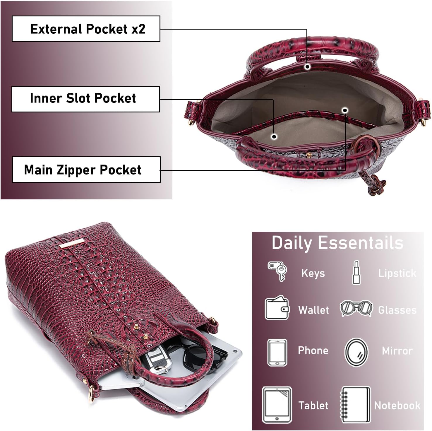 Makcr Joacbv Elegant Women Crocodile Tote Bag Trendy Office & Work Purse Classic Leather Handbag with Shoulder Strap