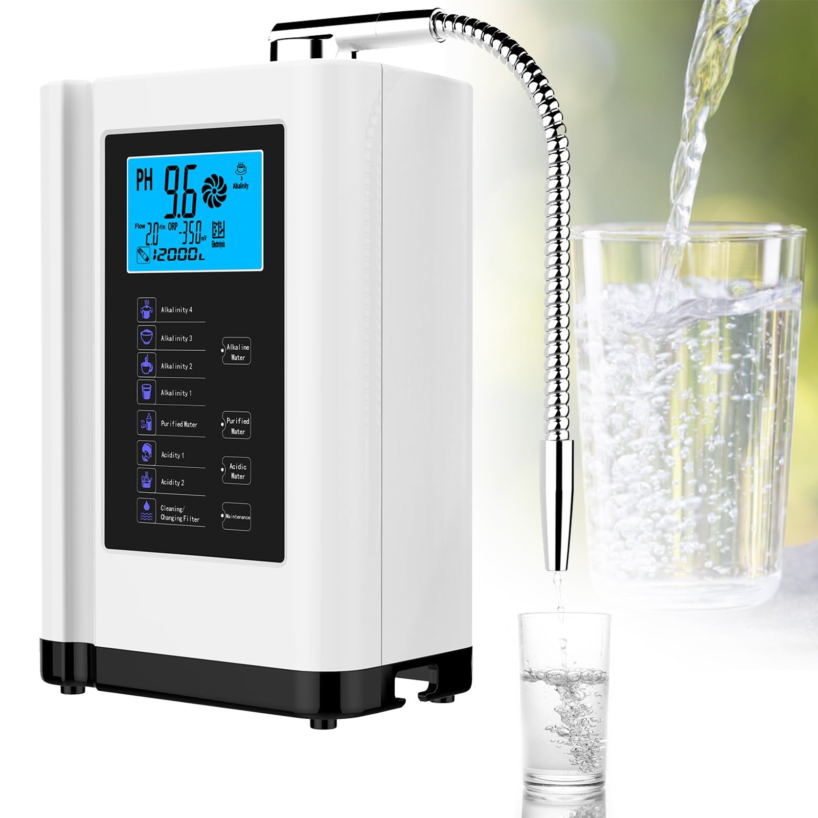 Wasserionisierer alkalisch Redoxpotential +400~-500mV pH 3,5–10,5 7 Einstellungen 8000 Liter Filter Weiß